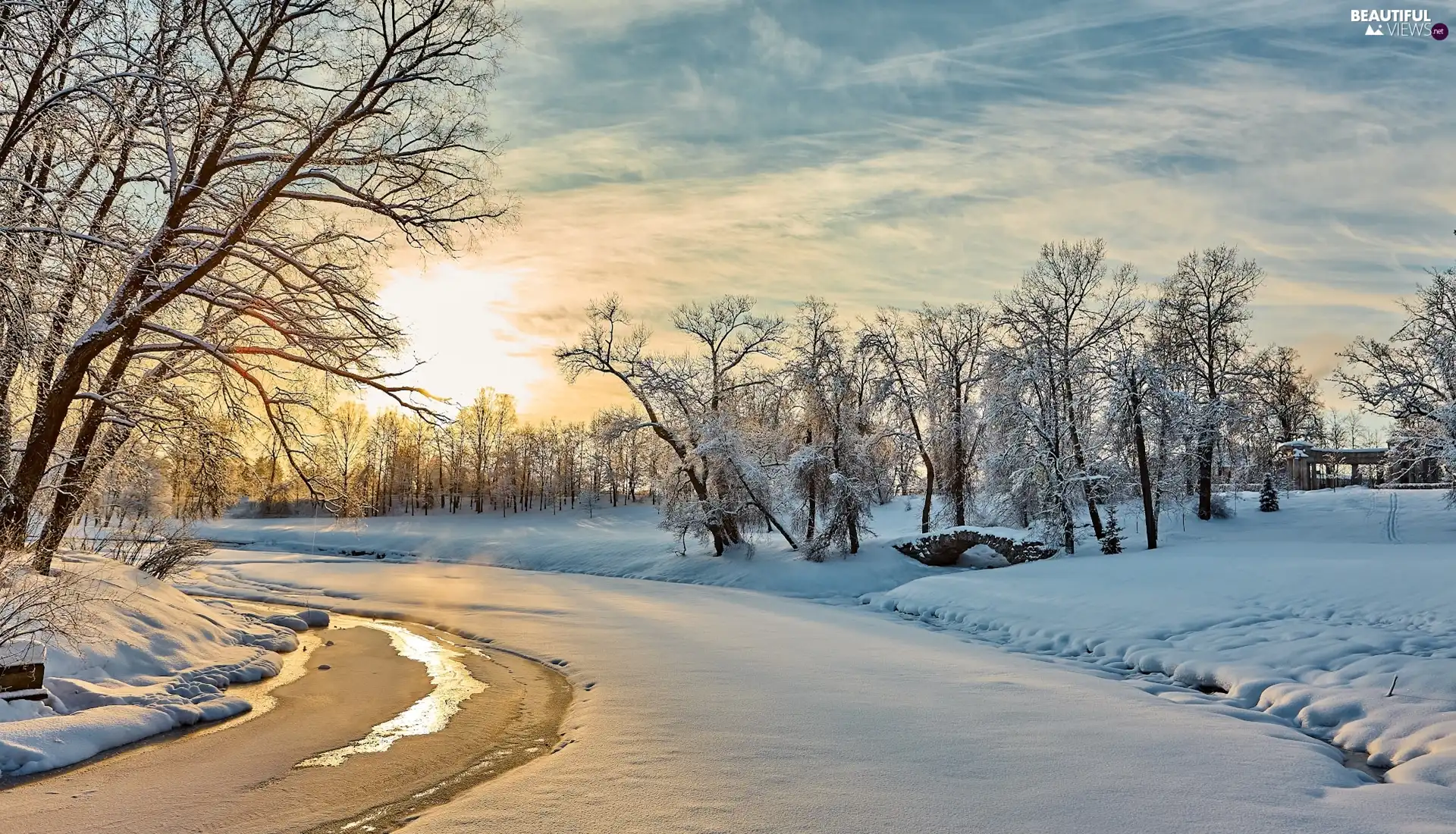 River, winter, viewes, Sunrise, trees, snowy