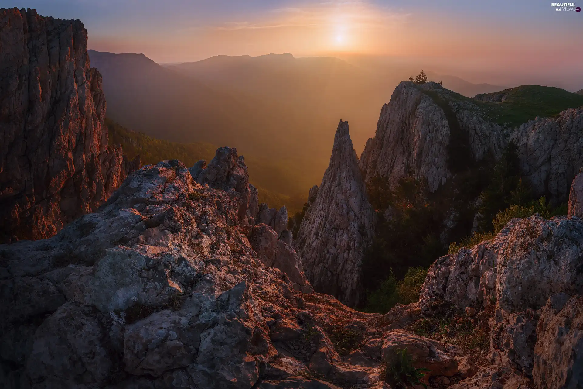 rocks, Crimea, viewes, Sunrise, trees, Crimean Mountains