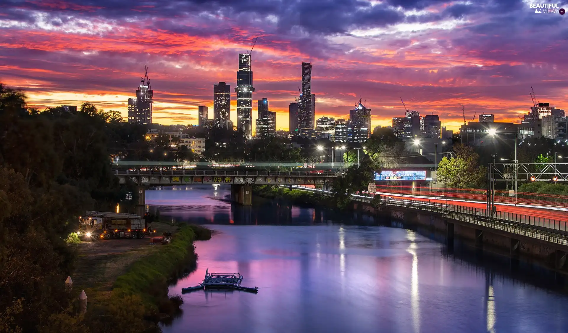 Melbourne, Australia, Town, skyscrapers, clouds, Great Sunsets, bridge, light, Yarra River