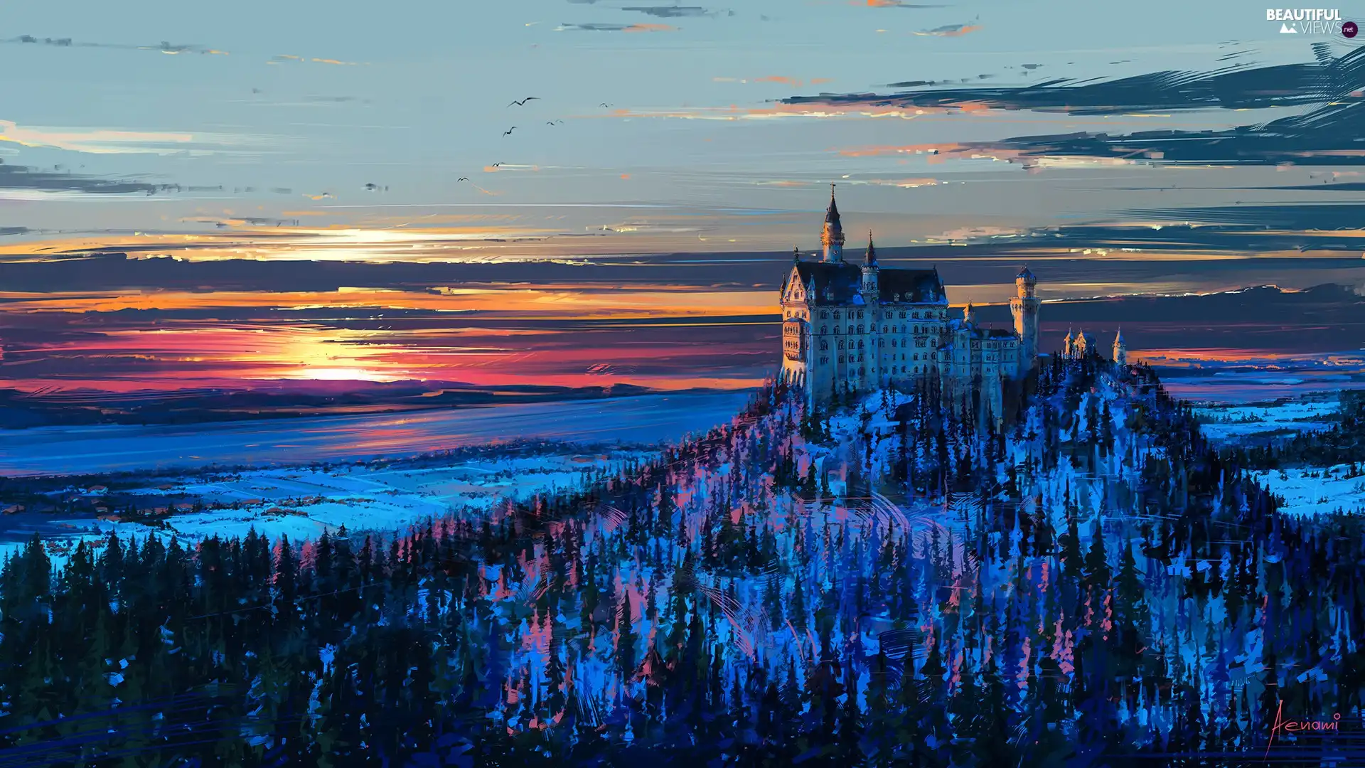 winter, Germany, Great Sunsets, Paintography, Mountains, Neuschwanstein Castle