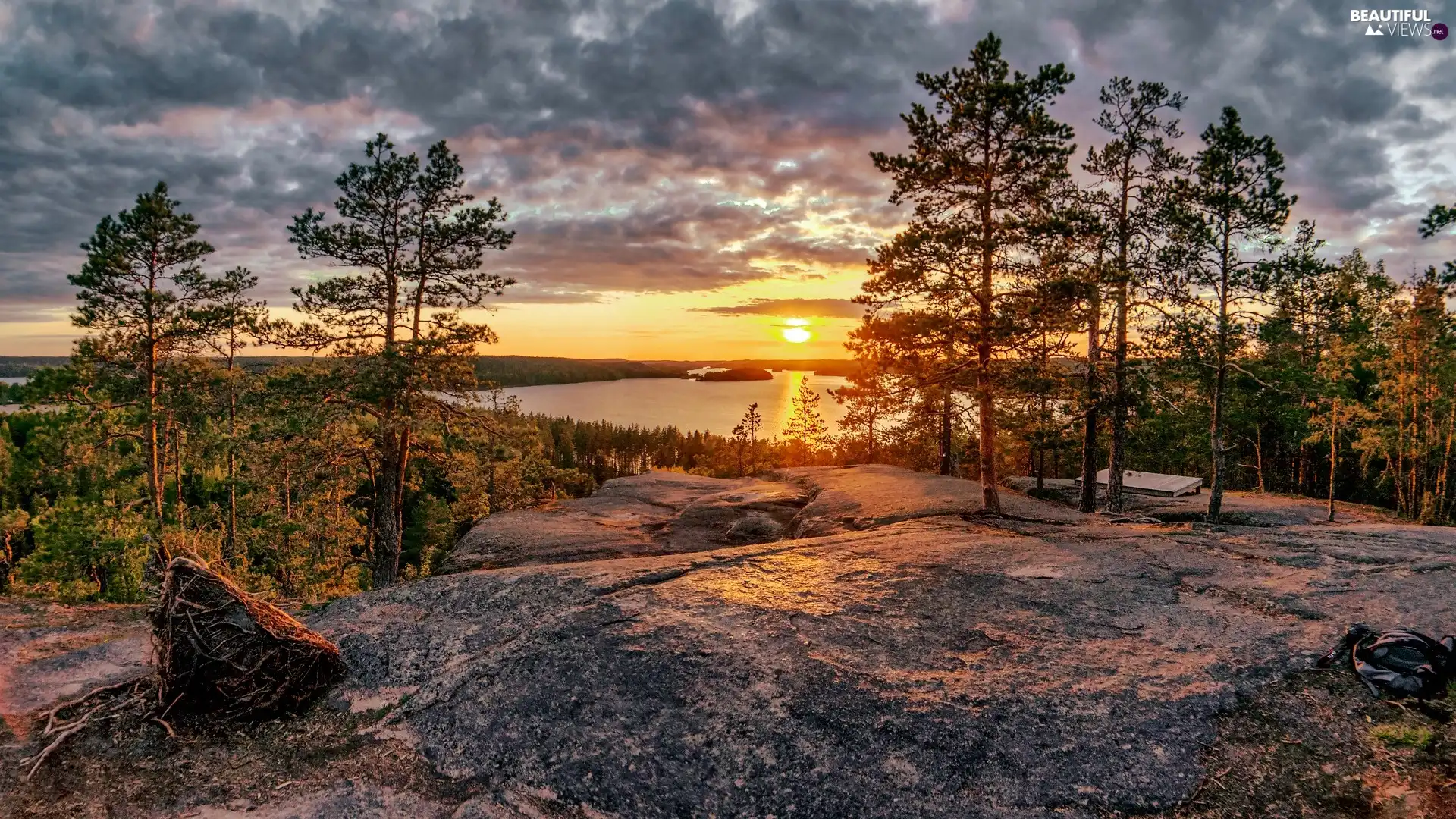 viewes, forest, clouds, trees, lake, rocks, Great Sunsets