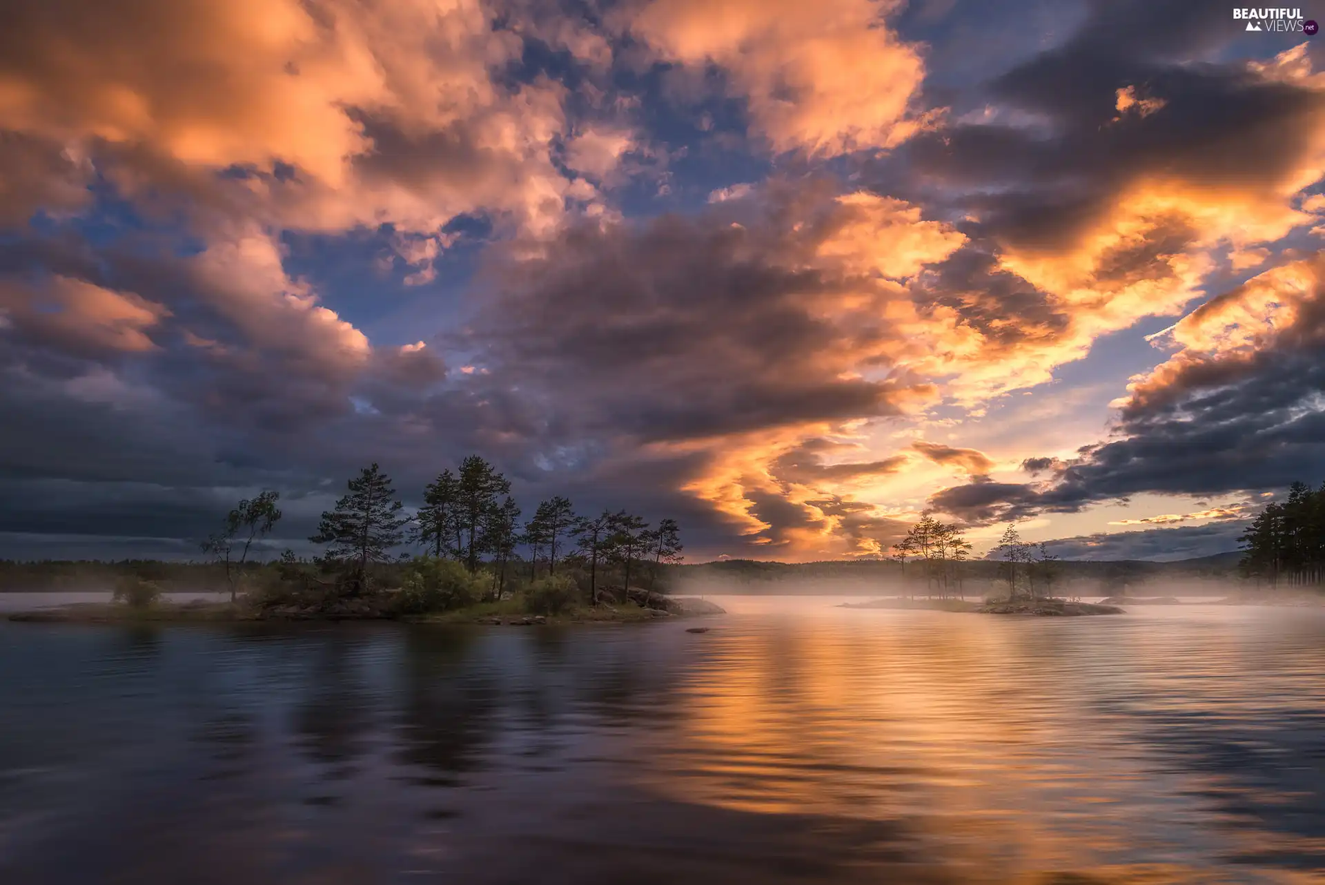 trees, Ringerike, clouds, lake, Norway, viewes, Great Sunsets