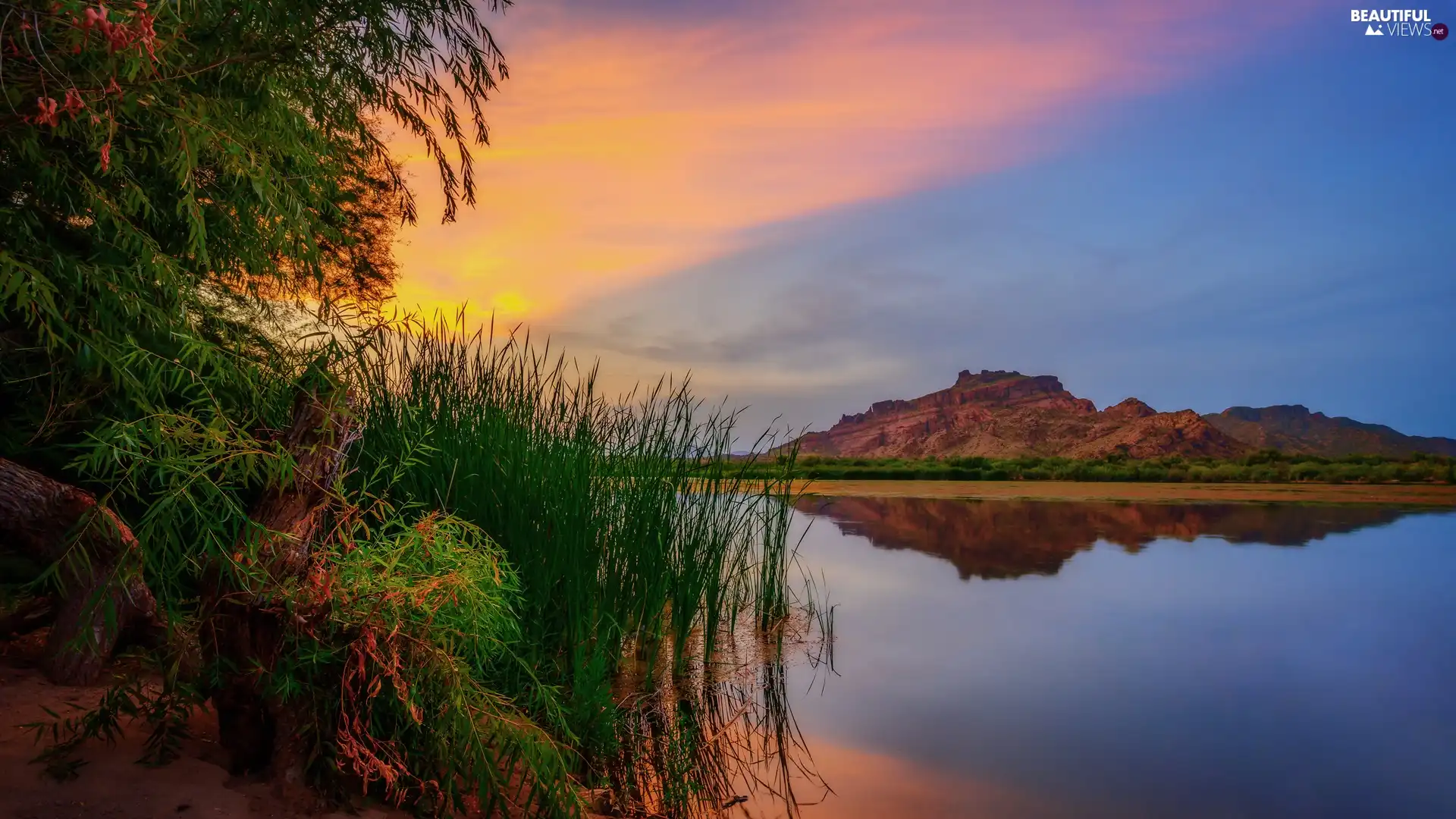 trees, Rocky, grass, Mountains, lake, viewes, Great Sunsets