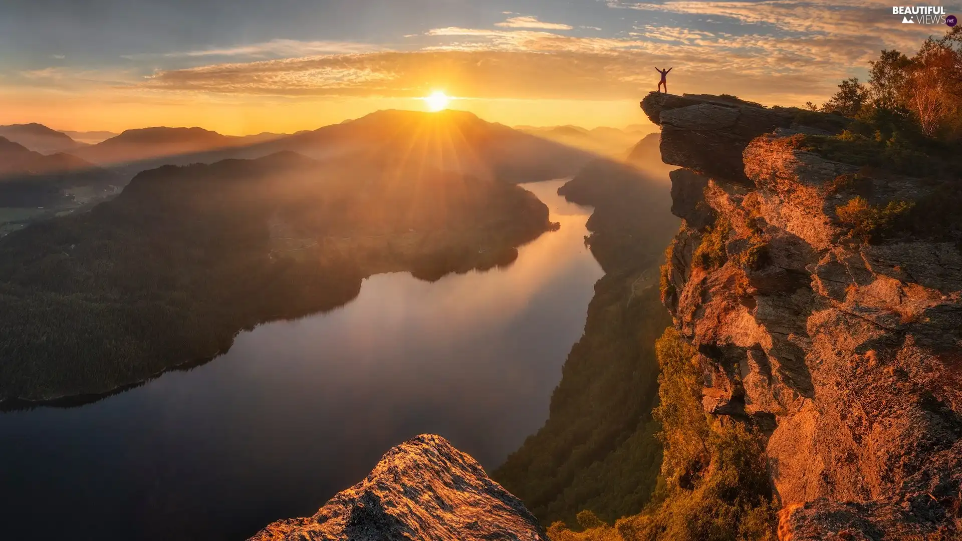 rocks, Mountains, Great Sunsets, clouds, Human, River