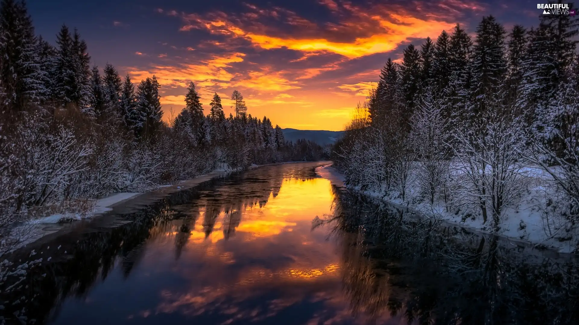 viewes, River, Great Sunsets, winter, forest, trees