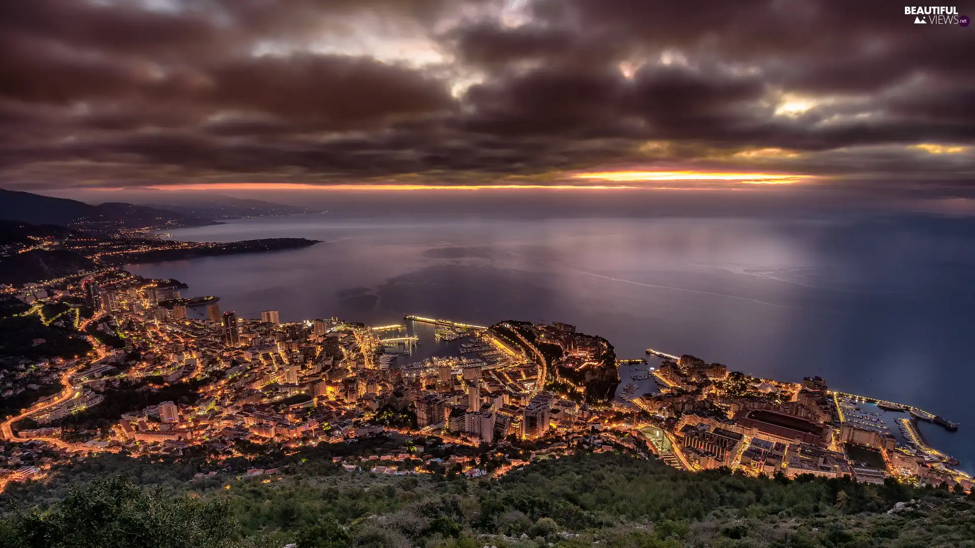 illuminated, Monaco, Great Sunsets, Houses, Mediterranean