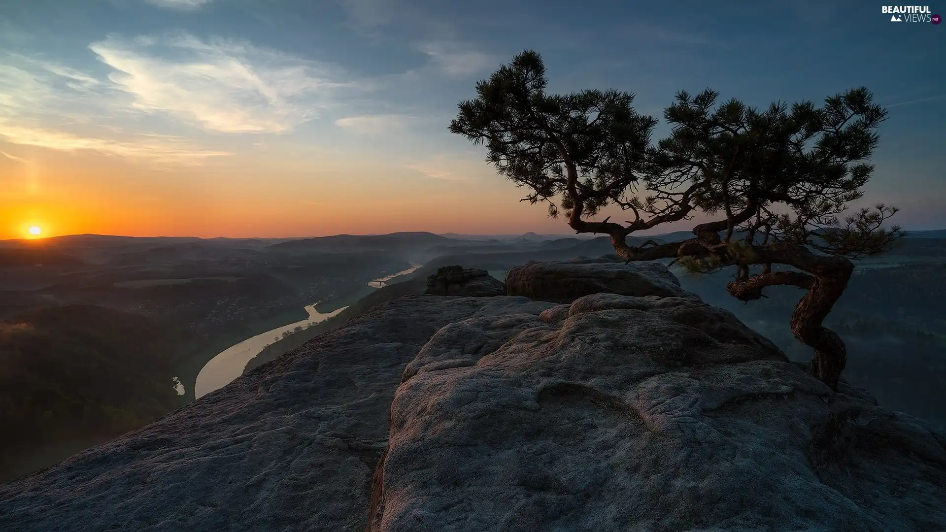 Mountains, Rocks, Great Sunsets, pine, Fog, Saxon Switzerland National Park, Germany, River Elbe