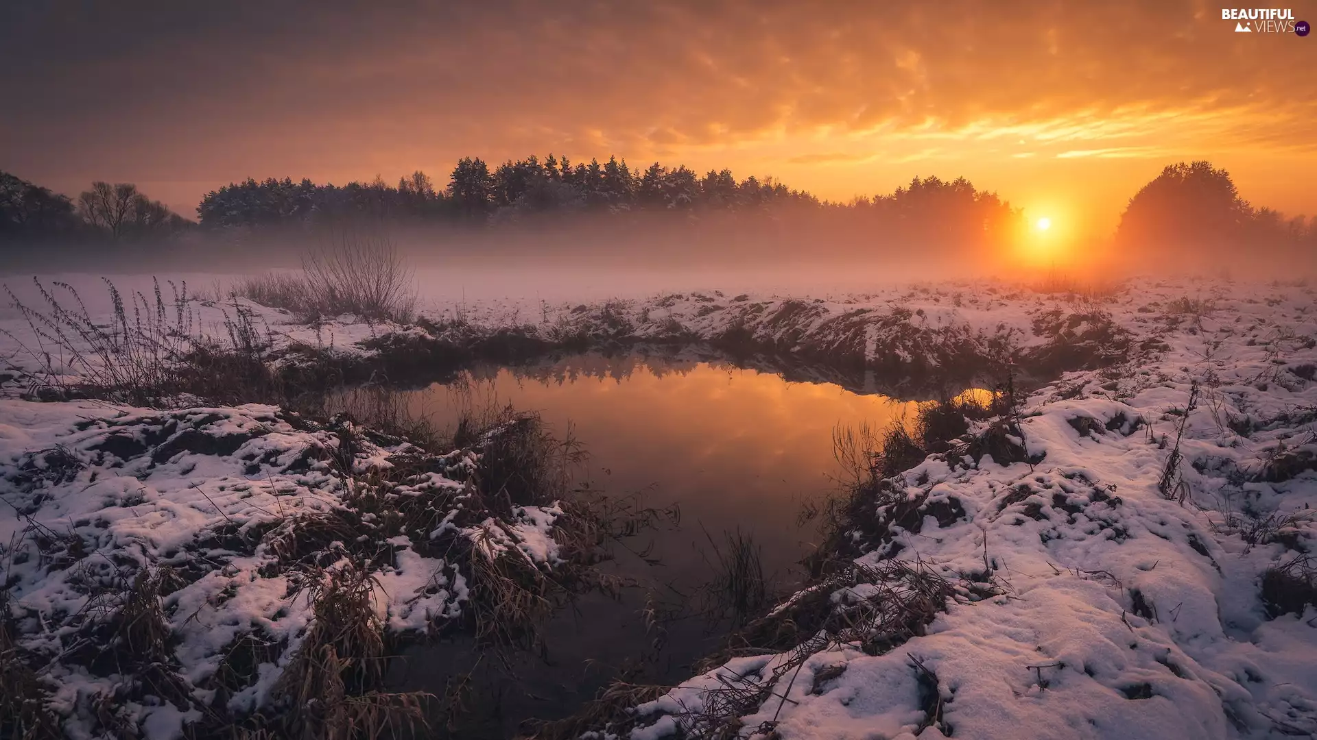 Great Sunsets, River, snow, winter