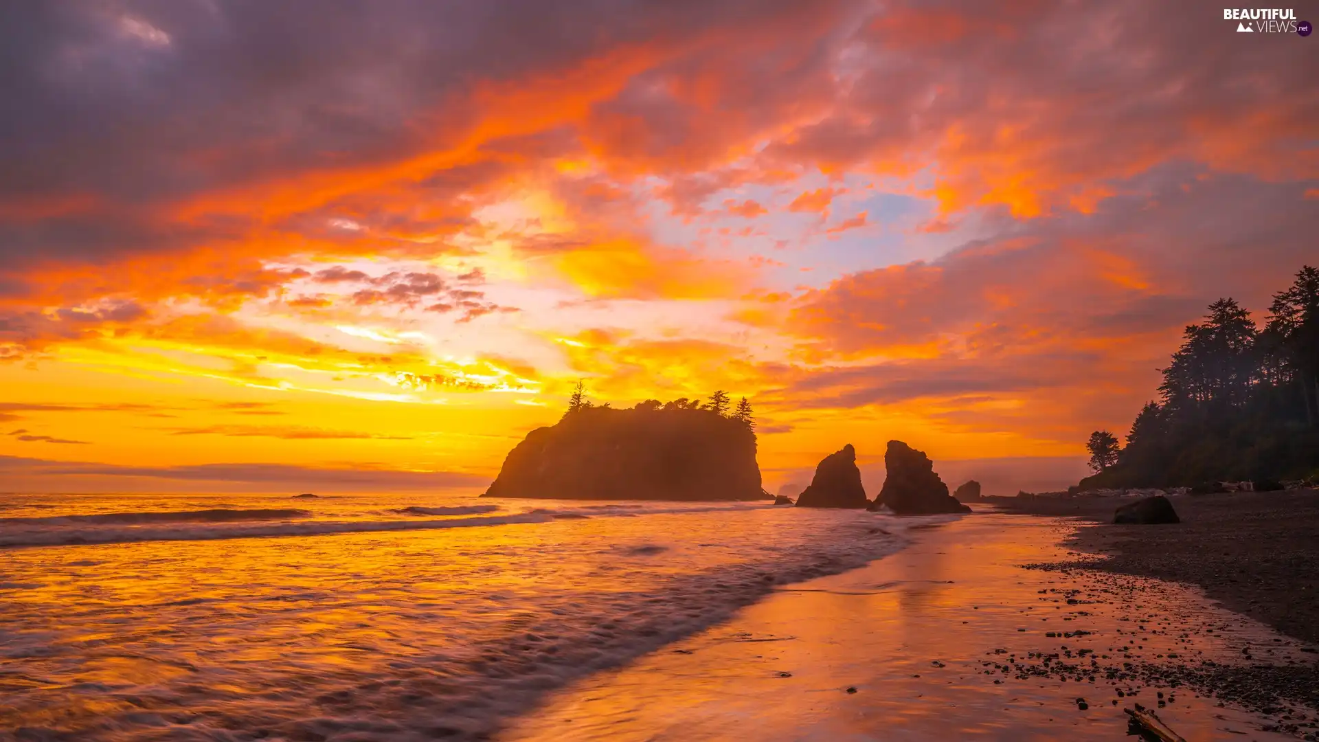 Beaches, Ruby Beach, The United States, Great Sunsets, Washington State, rocks, sea, Olympic National Park