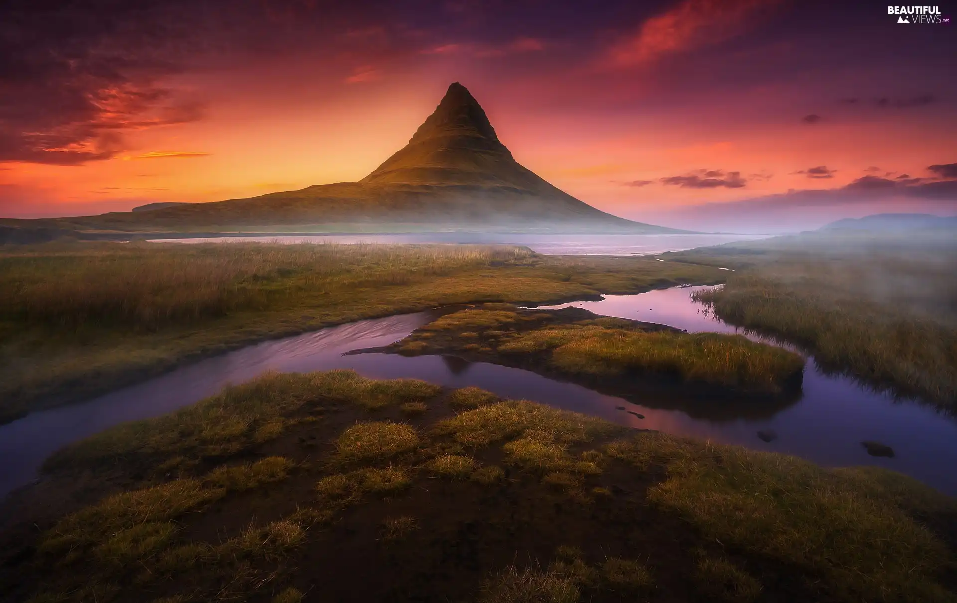 Kirkjufell Mountain, iceland, Fog, pool, Great Sunsets, Snæfellsnes Peninsula