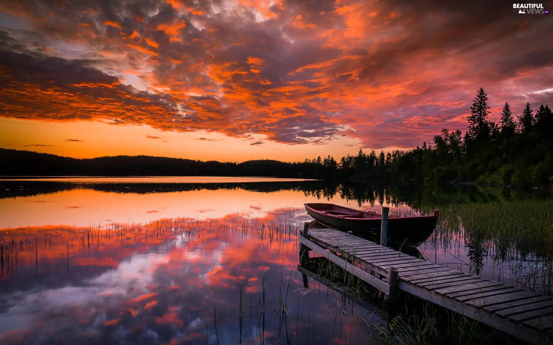 Boat, lake, clouds, Trondheim City, reflection, trees, Sor Trondelag Region, forest, lake, Norway, Platform, viewes, Great Sunsets