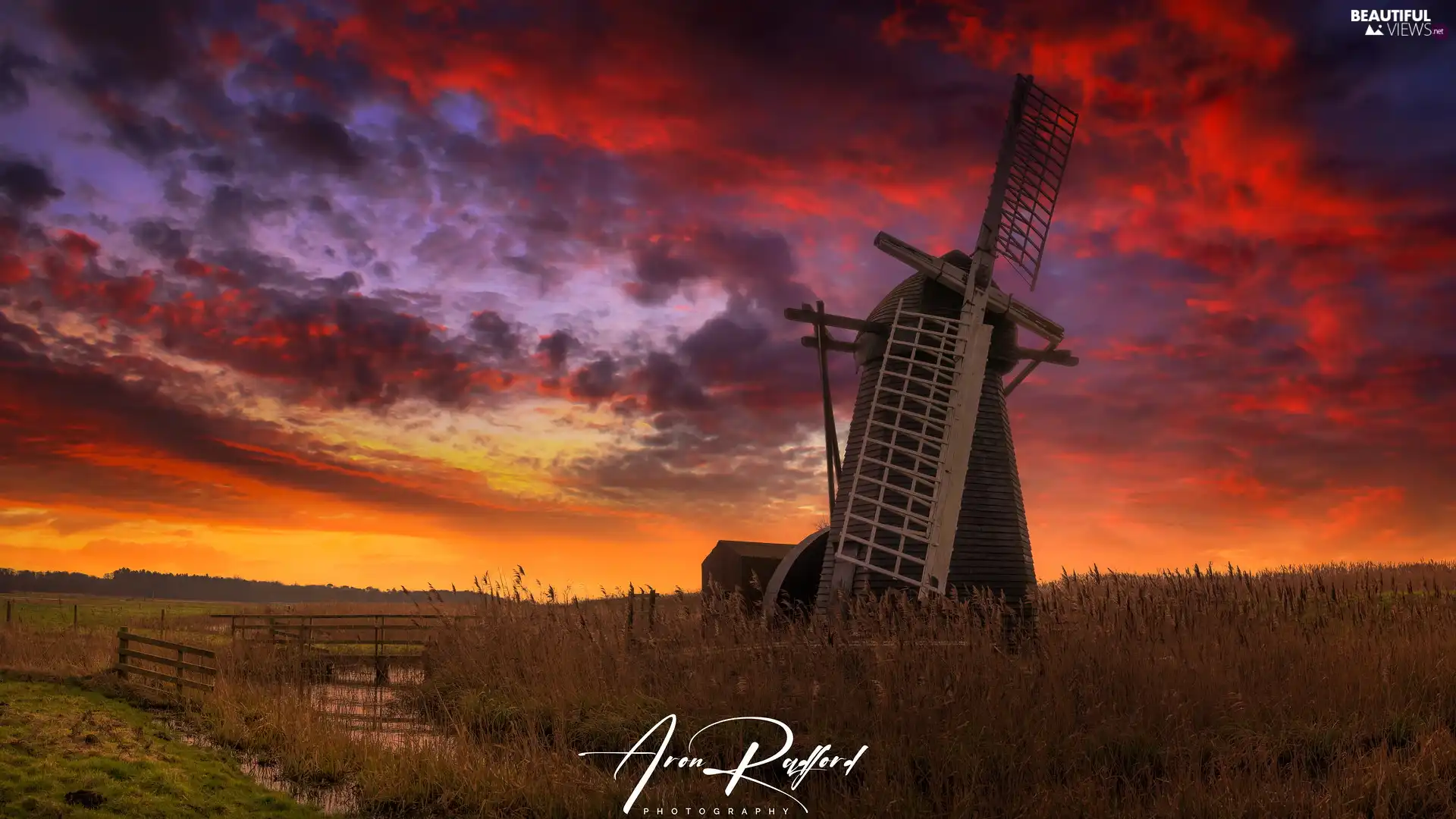 Great Sunsets, Windmill, grass, clouds