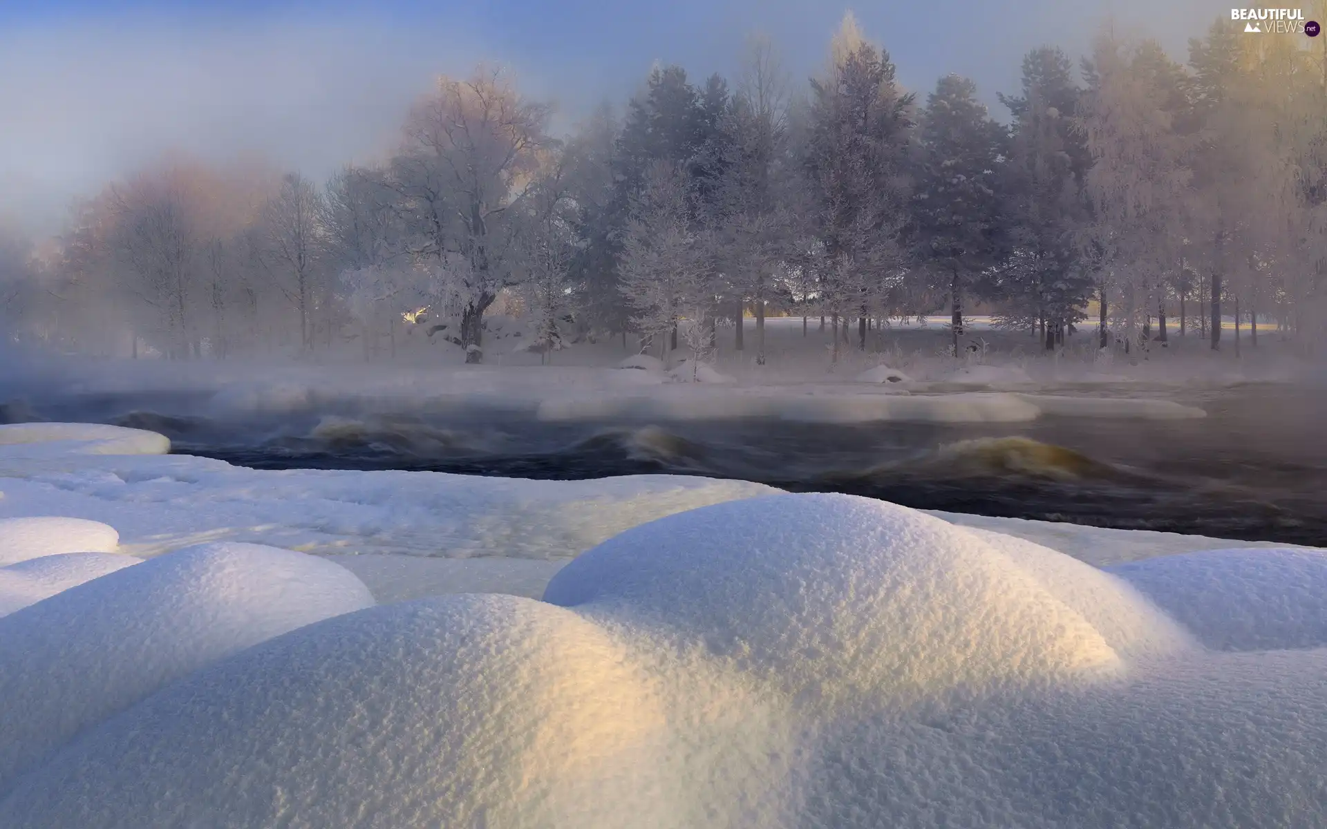 winter, drifts, Sweden, River
