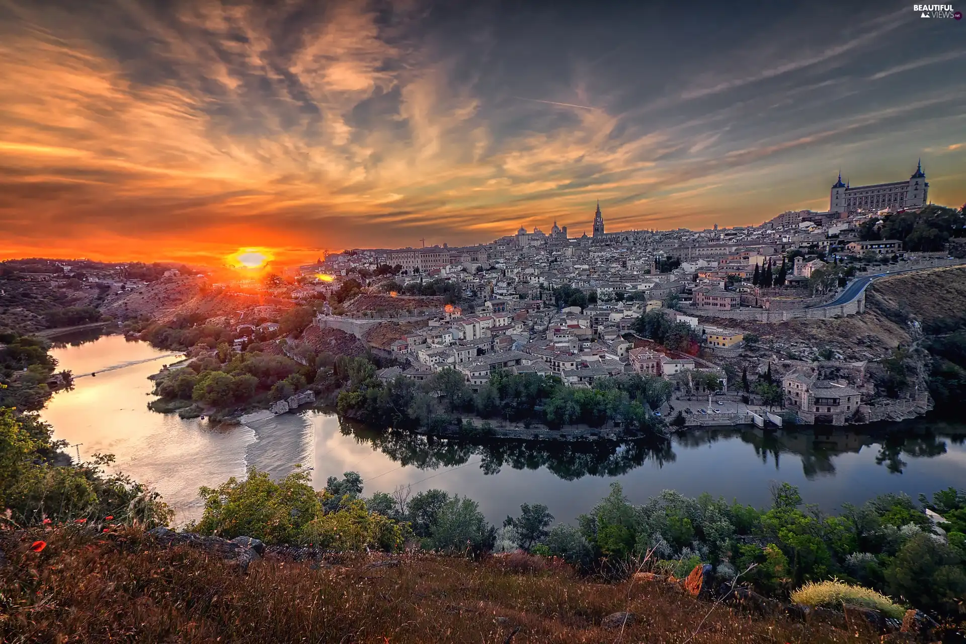 Tag River, buildings, Great Sunsets, trees, VEGETATION, Toledo, Spain, viewes