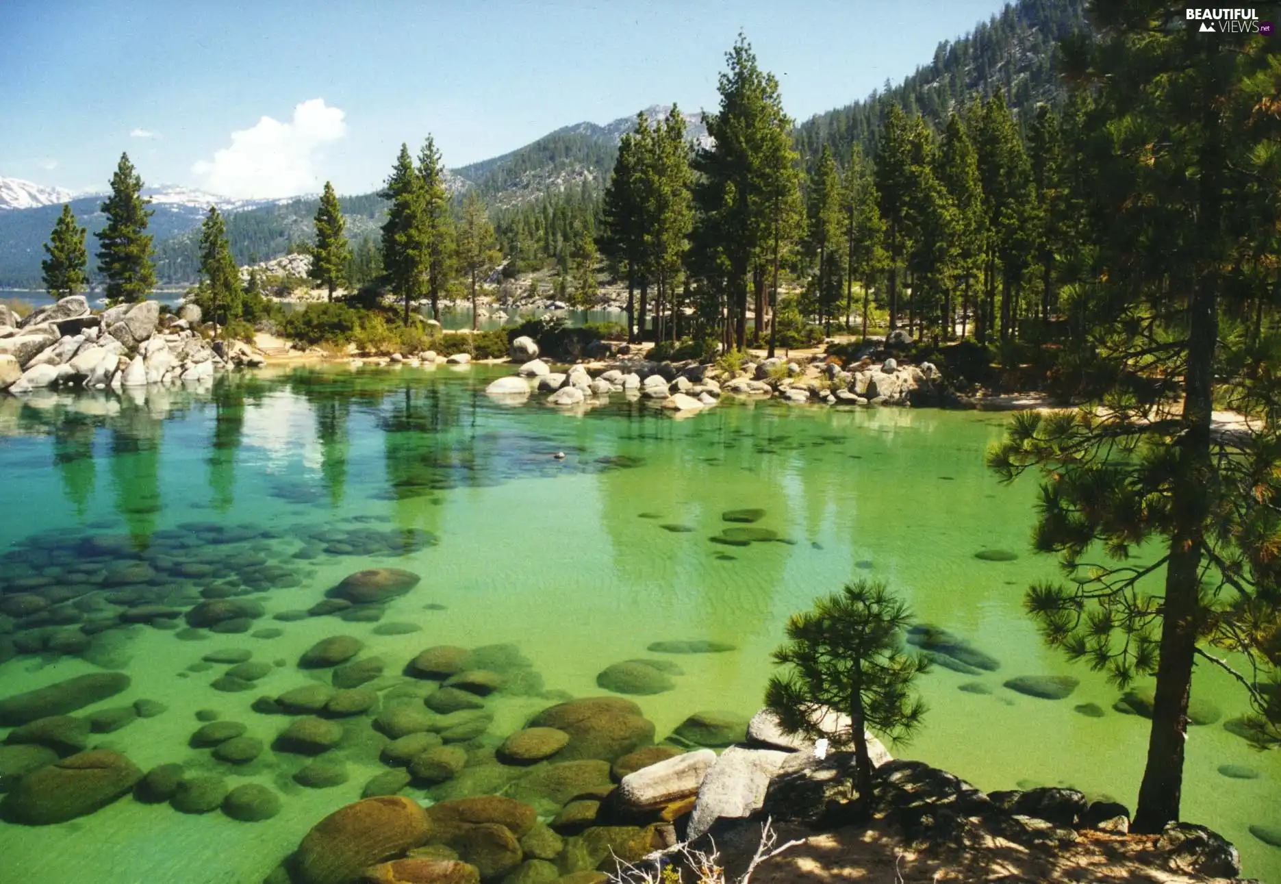 Mountains, lake, Tahoe, California, forest, Stones