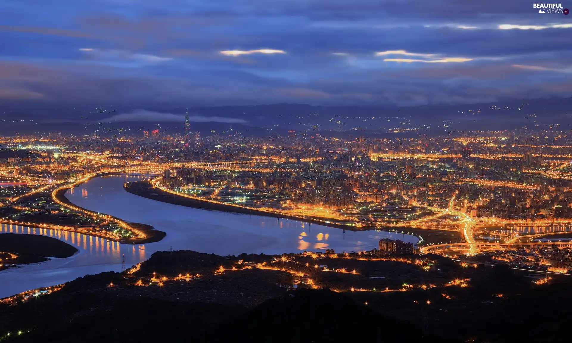 Taiwan, City at Night, Danshui He River, Taipei