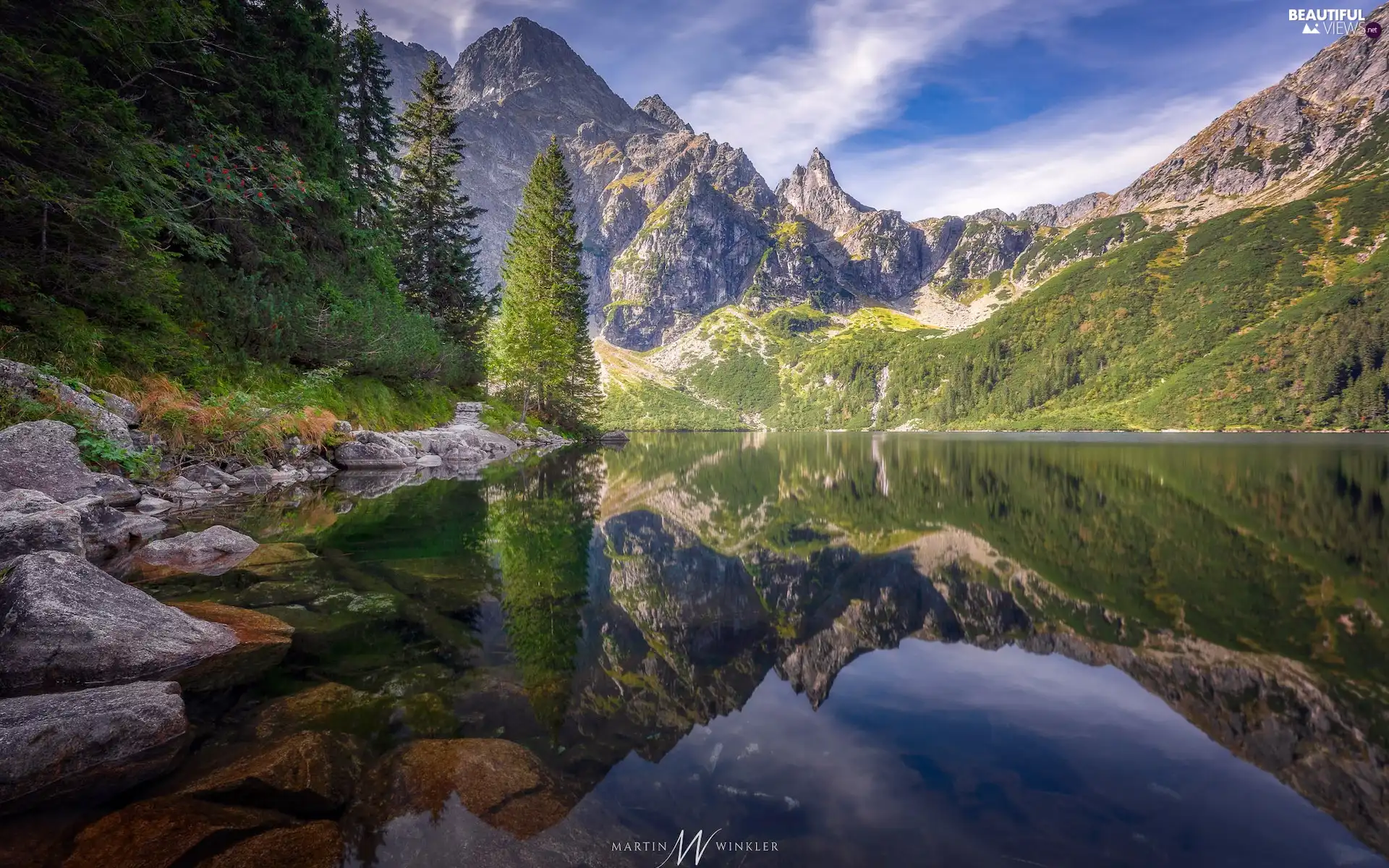 Tatras, rocks, Morskie Oko, trees, lake, Mountains, Poland, viewes