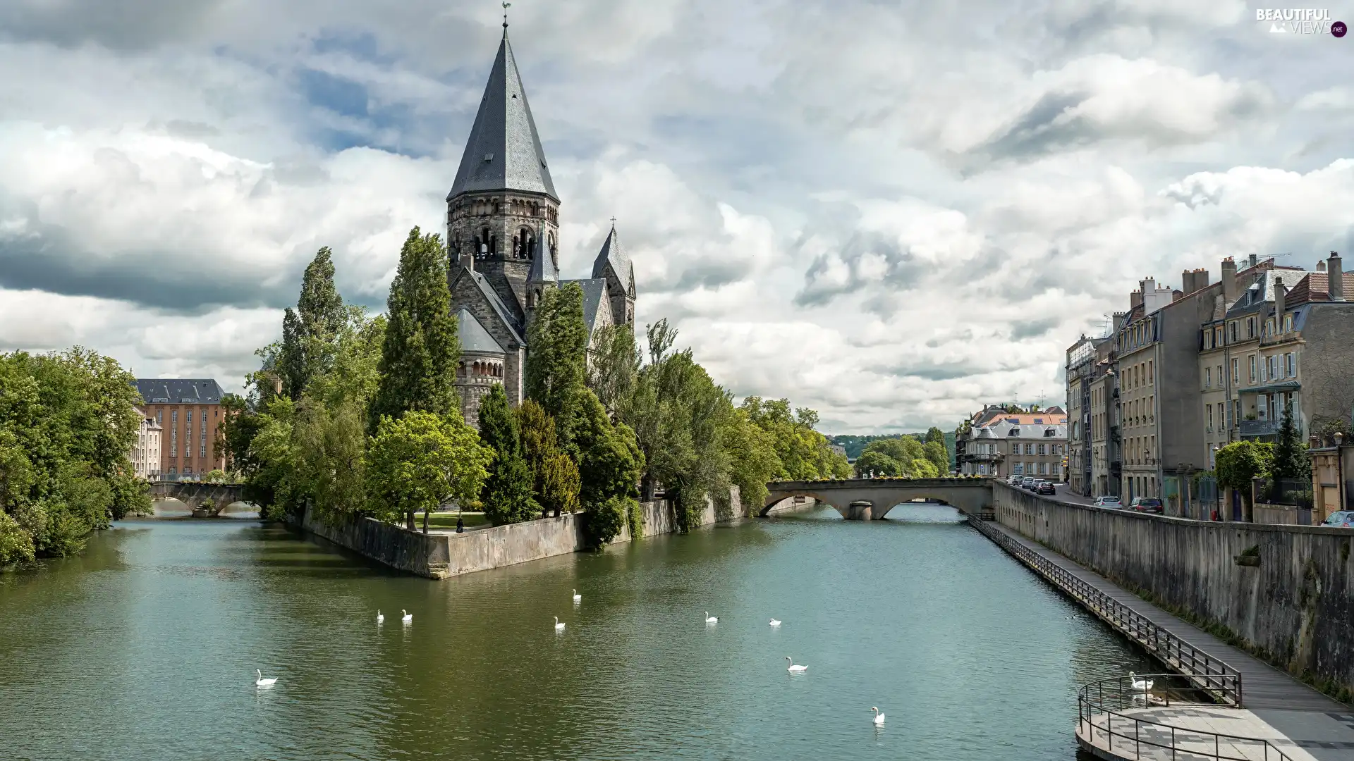France, Moselle River, Sky, Bridges, viewes, strasbourg, Protestant Church Temple Neuf, trees