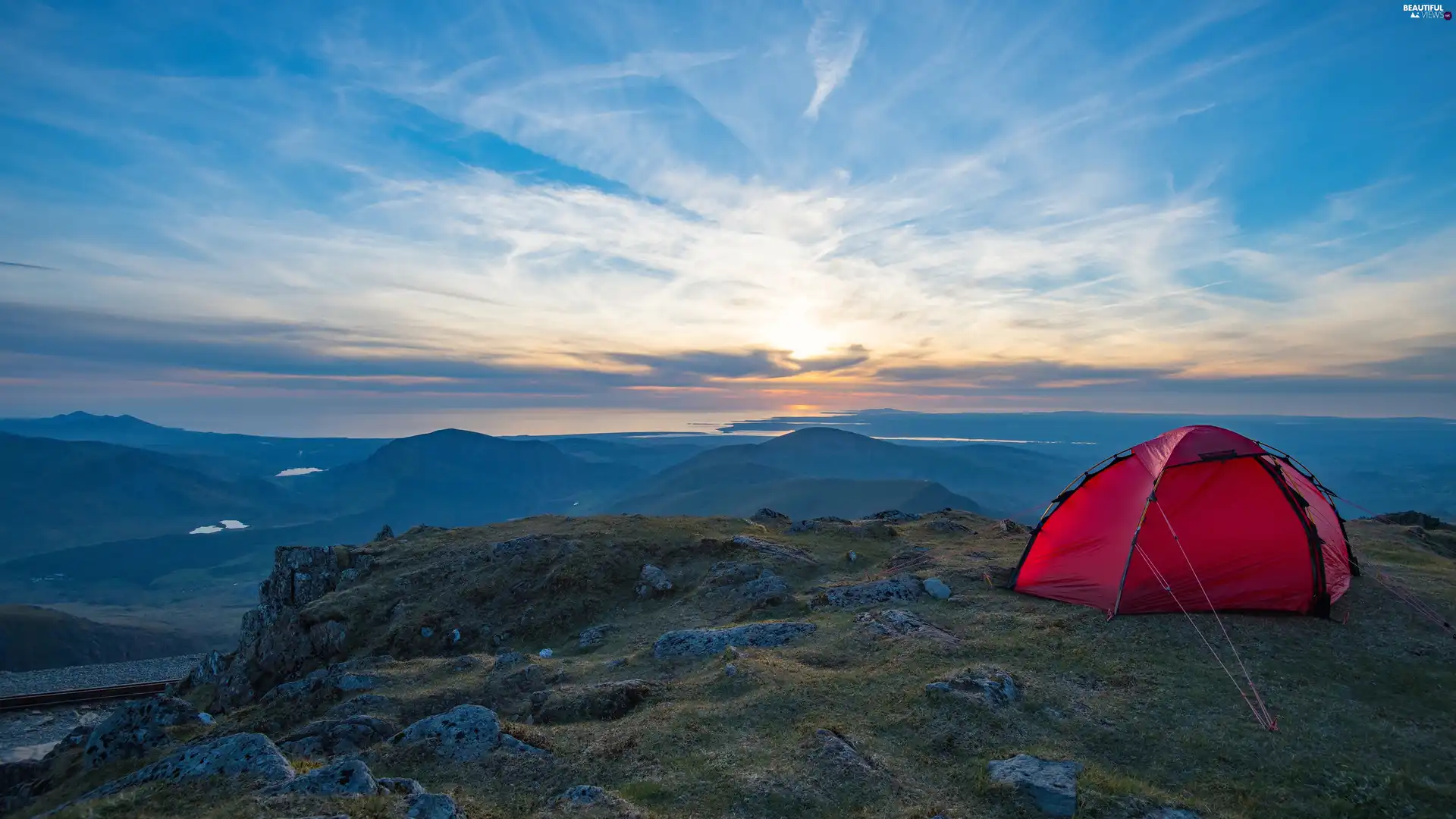 Mountains, lakes, Sunrise, Tent
