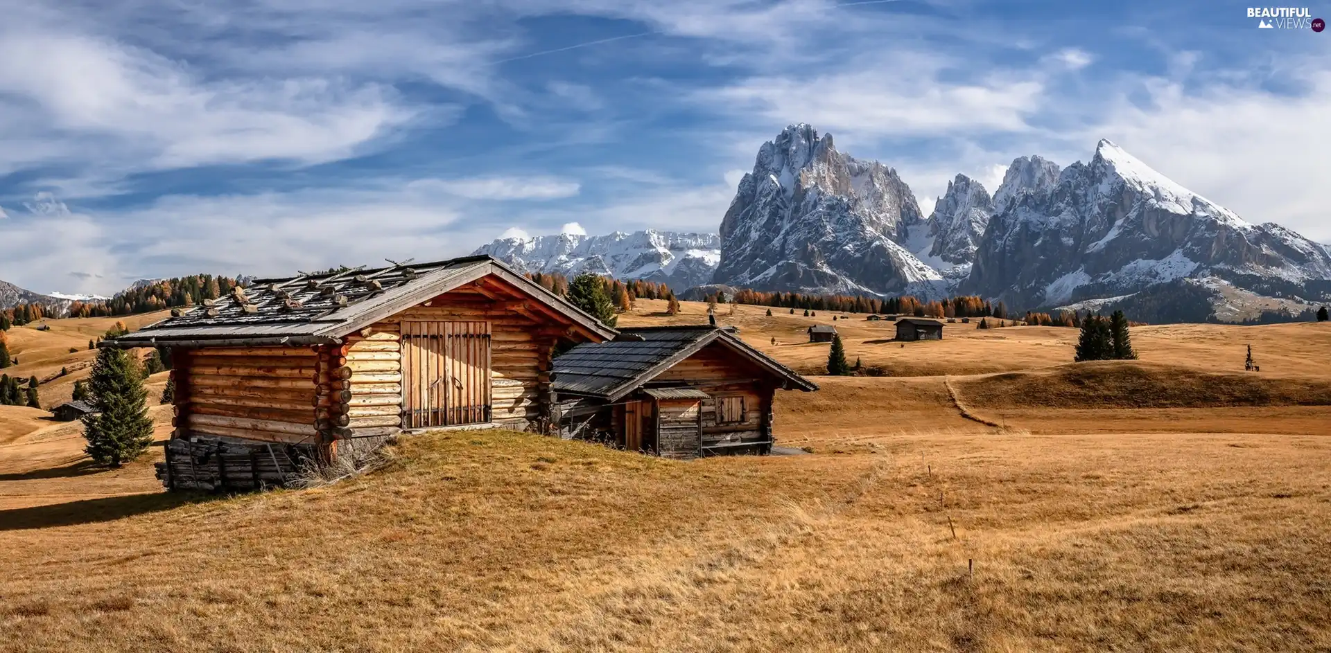 Houses, Val Gardena Valley, Dolomites, viewes, The Hills, Seiser Alm Meadow, Sassolungo Mountains, Italy, trees, wood
