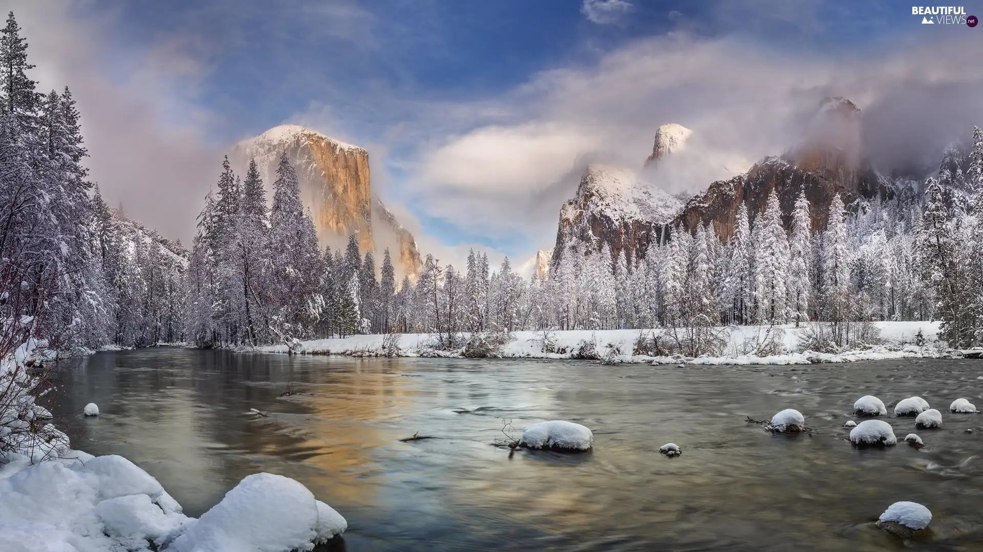 Merced River, Mountains, winter, Stones, Fog, The United States, California, viewes, trees, Yosemite National Park, clouds