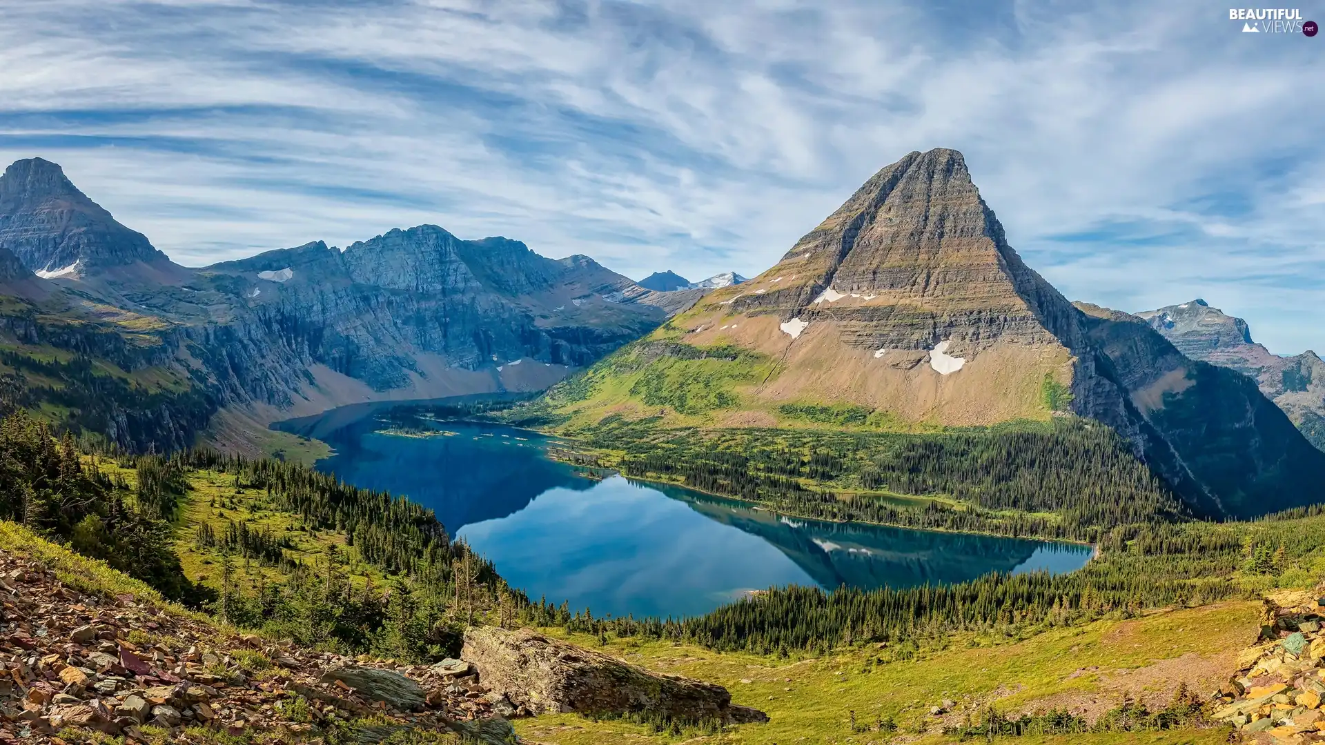 Mountains, Hidden Lake, trees, viewes, Montana State, The United States, clouds, Glacier National Park, forest