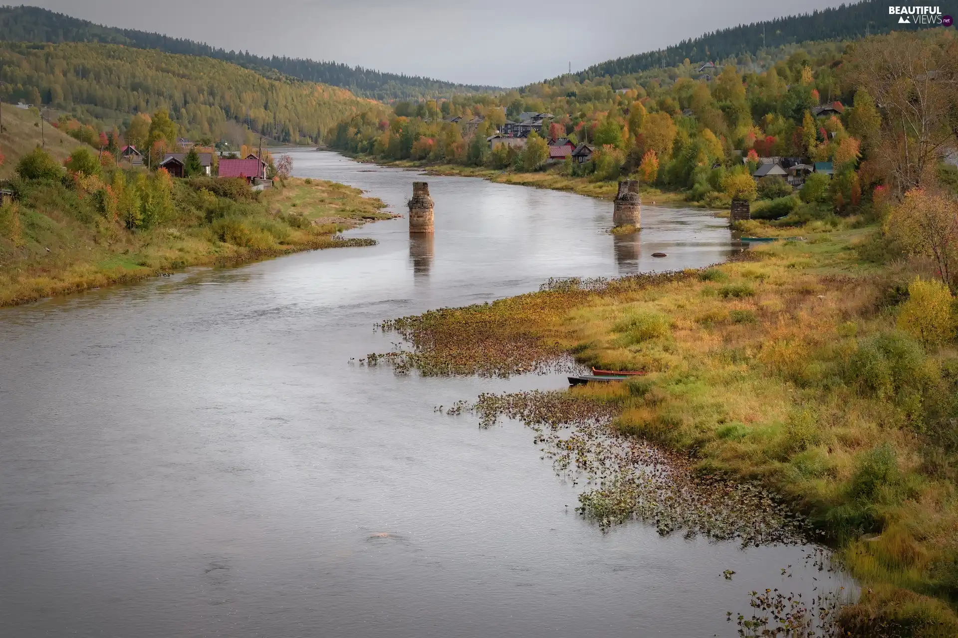 trees, autumn, Houses, The Hills, viewes, River