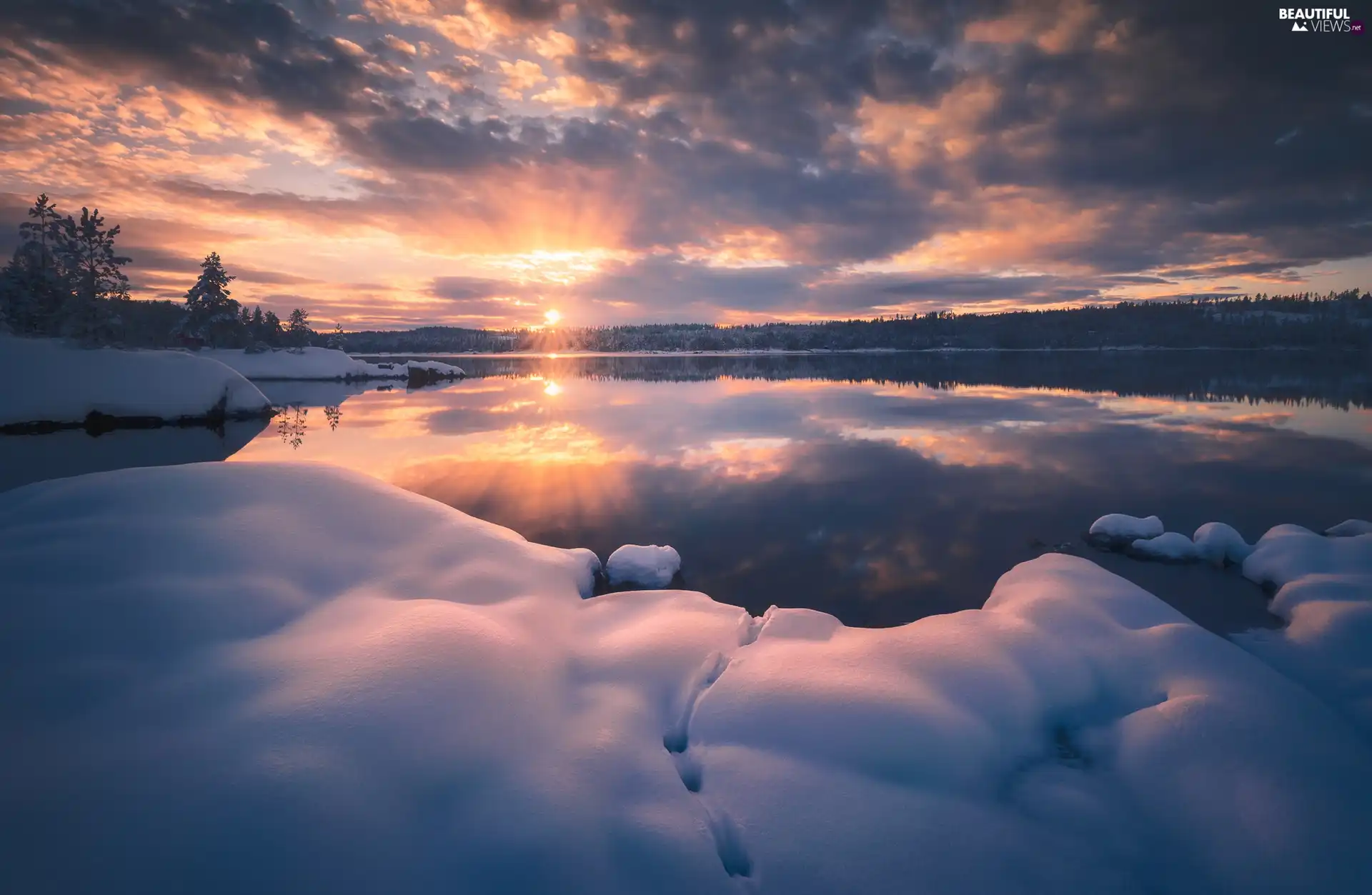 lake, trees, winter, viewes, rays of the Sun, Ringerike, Norway, clouds