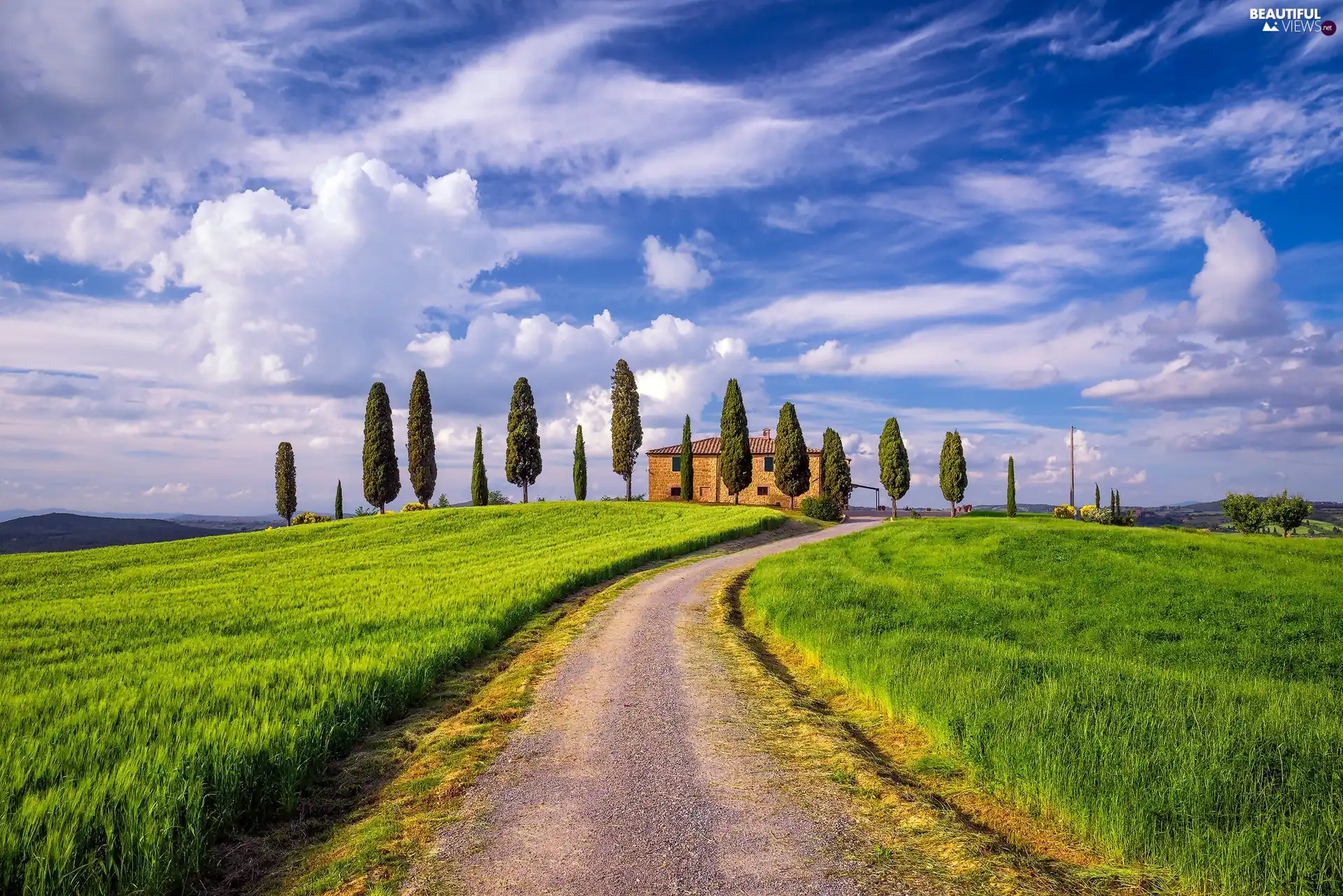 The Hills, Way, clouds, house, grass, Tuscany, Italy, cypresses