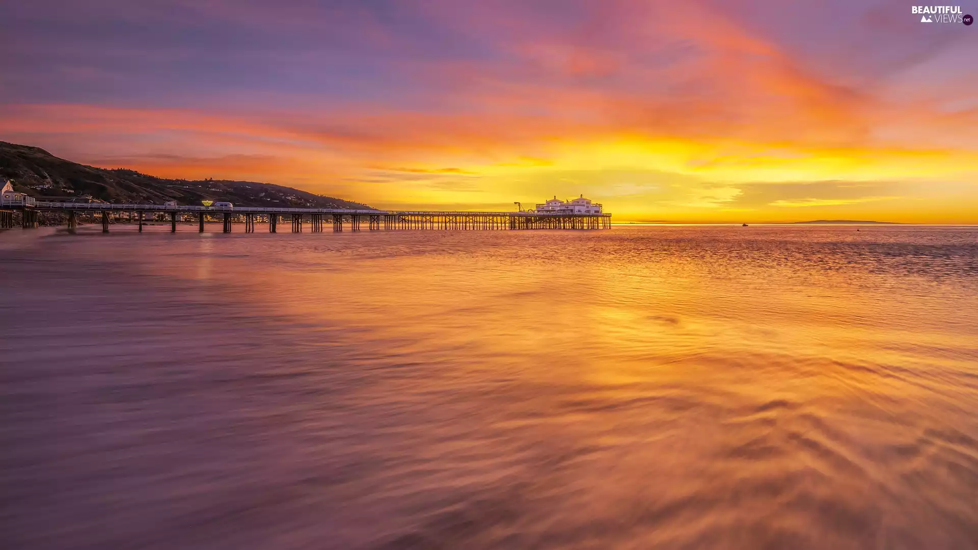 sea, State of California, Coast, Malibu, The United States, pier, Sunrise