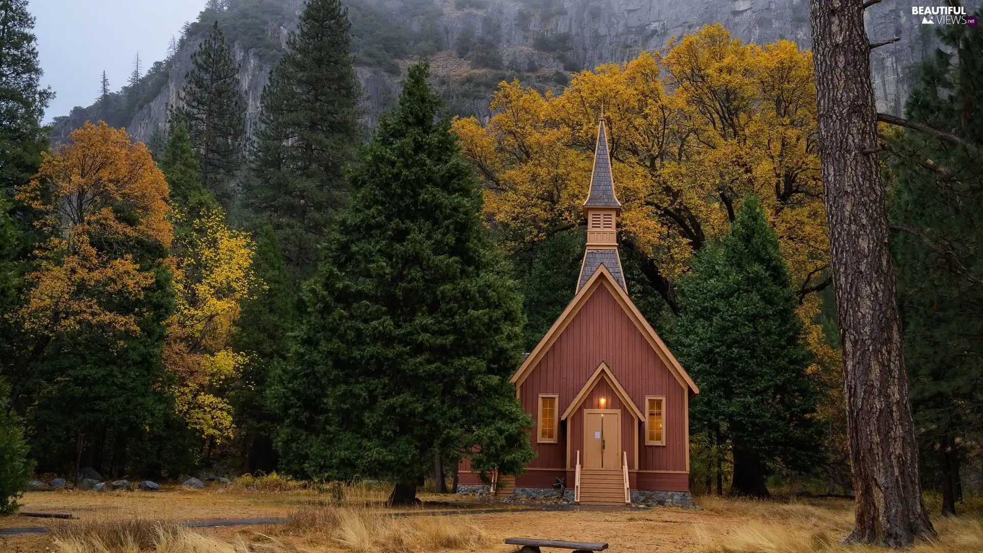 trees, winter, viewes, church, State of California, The United States, forest, Yosemite National Park, chapel