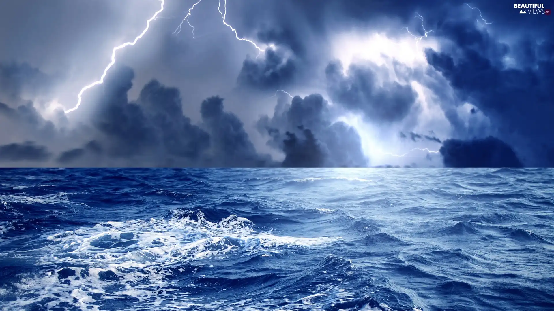 sea, Lightning, thunderbolt, Storm