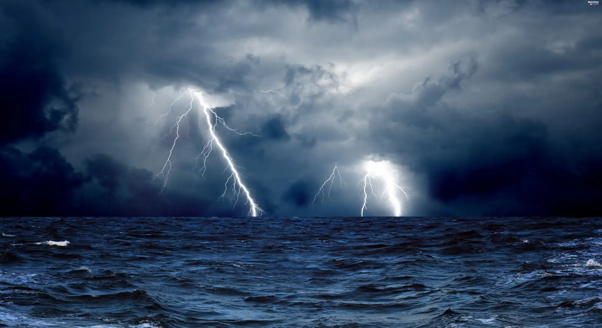 thunderbolt, sea, Storm