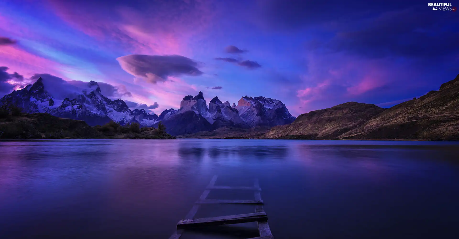Torres del Paine Mountain Massif, Mountains, Torres del Paine National Park, lake, Platform, Patagonia, Chile, damaged