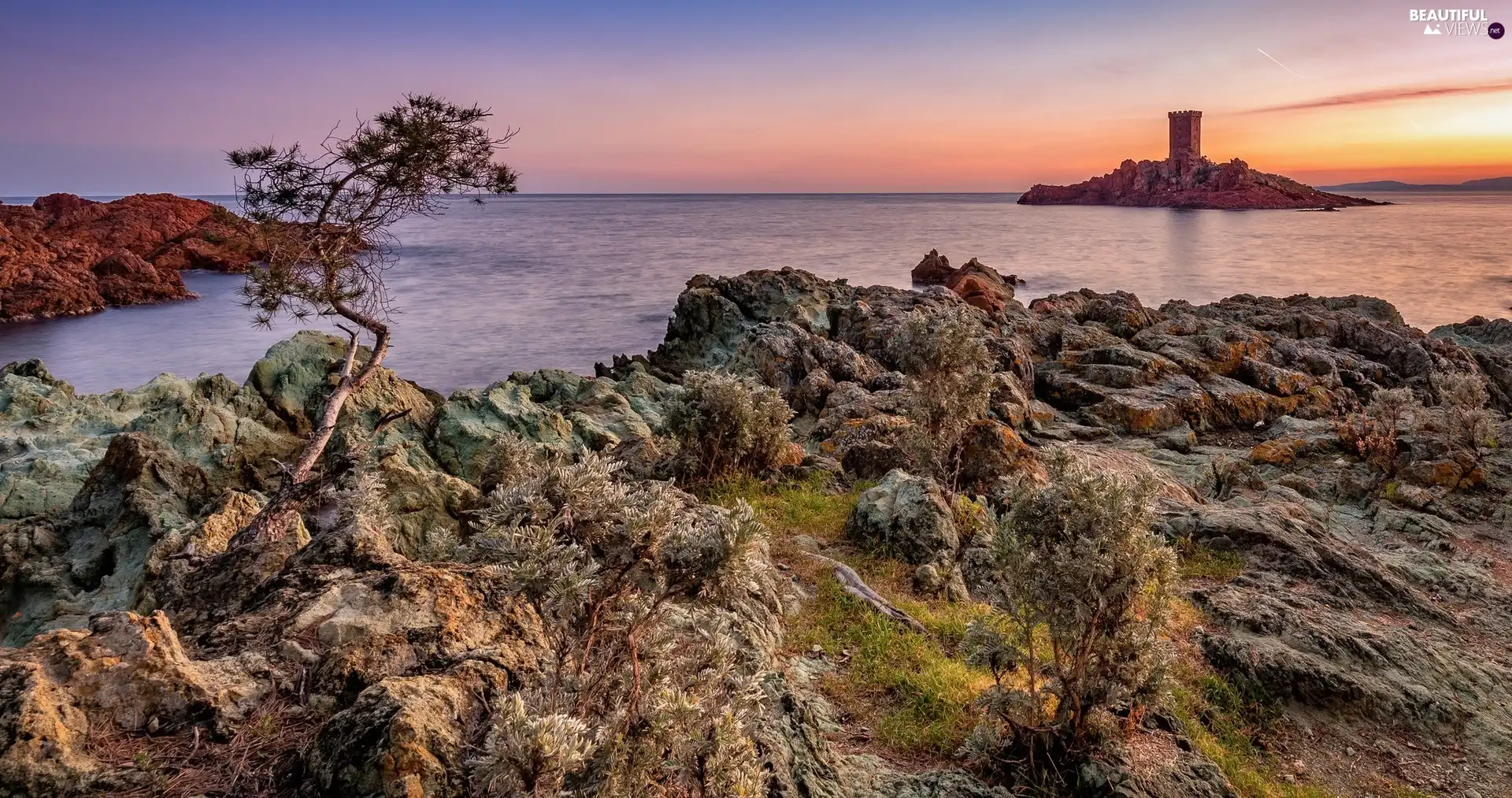 Plants, sea, Islet, tower, trees, rocks