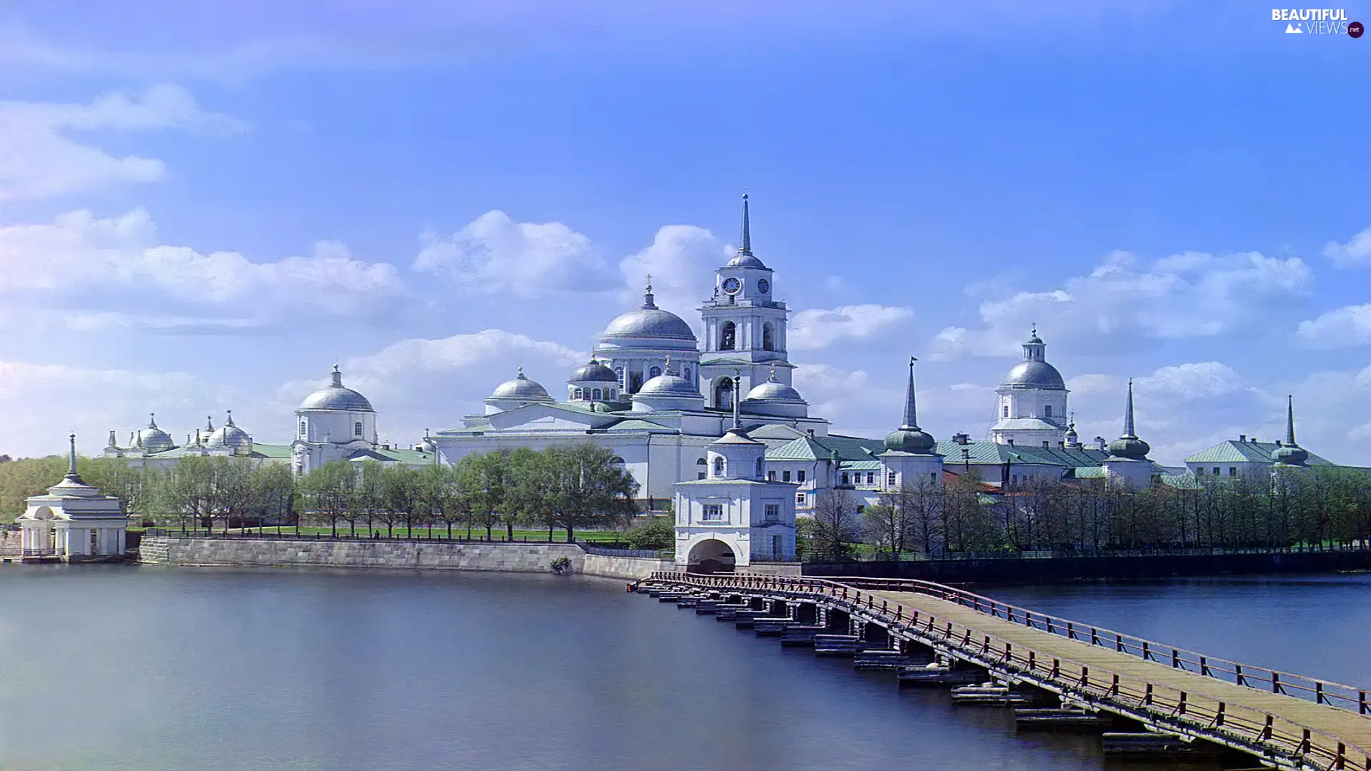 town, clouds, bridge, panorama, River