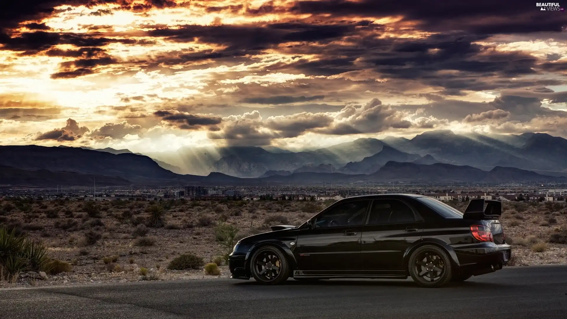 Desert, clouds, WRX STI, Town, Subaru Impreza