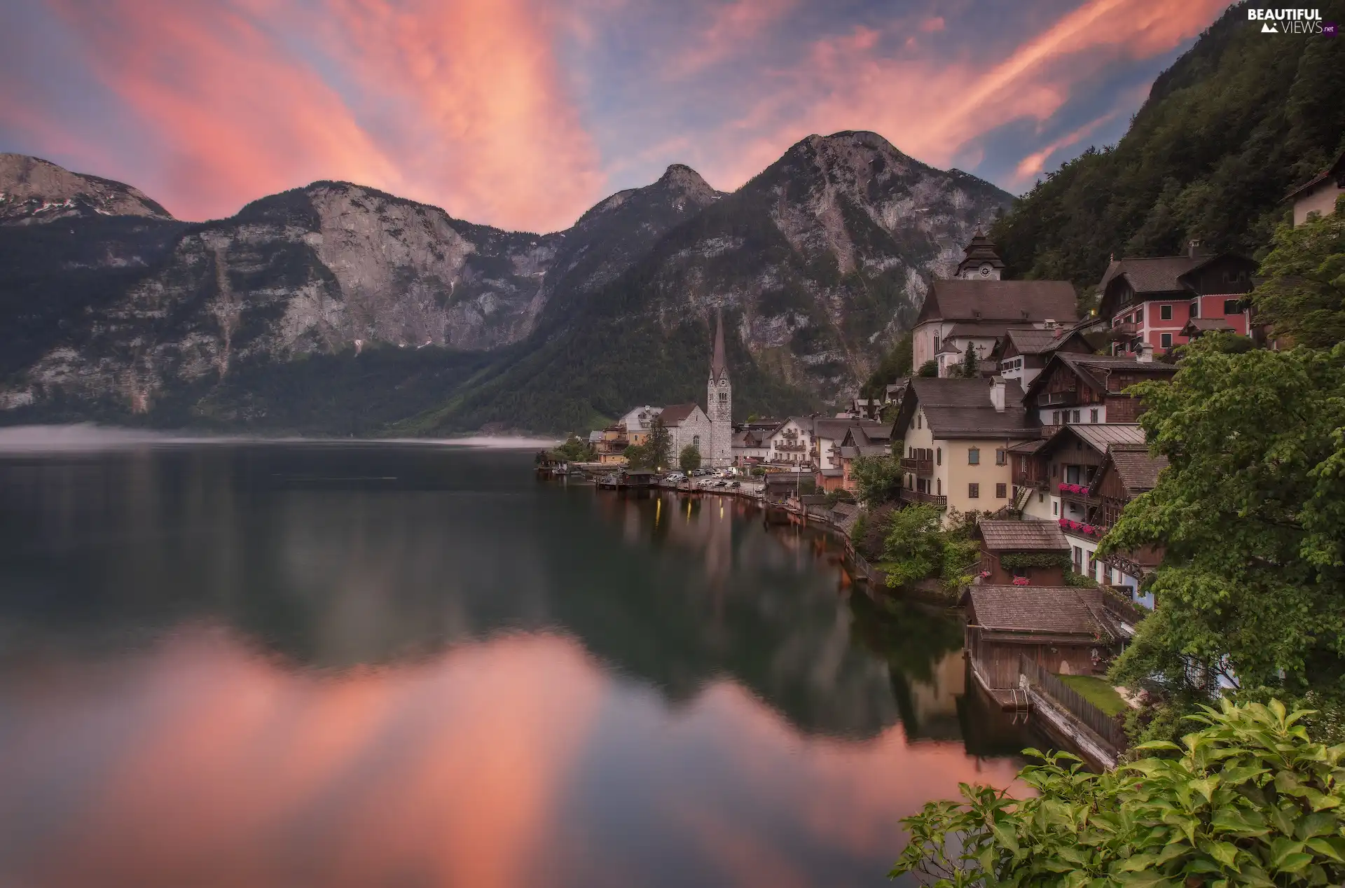 Town, Austria, Hallstatt, Houses, trees, viewes, Alps, Hallstattersee Lake, Mountains