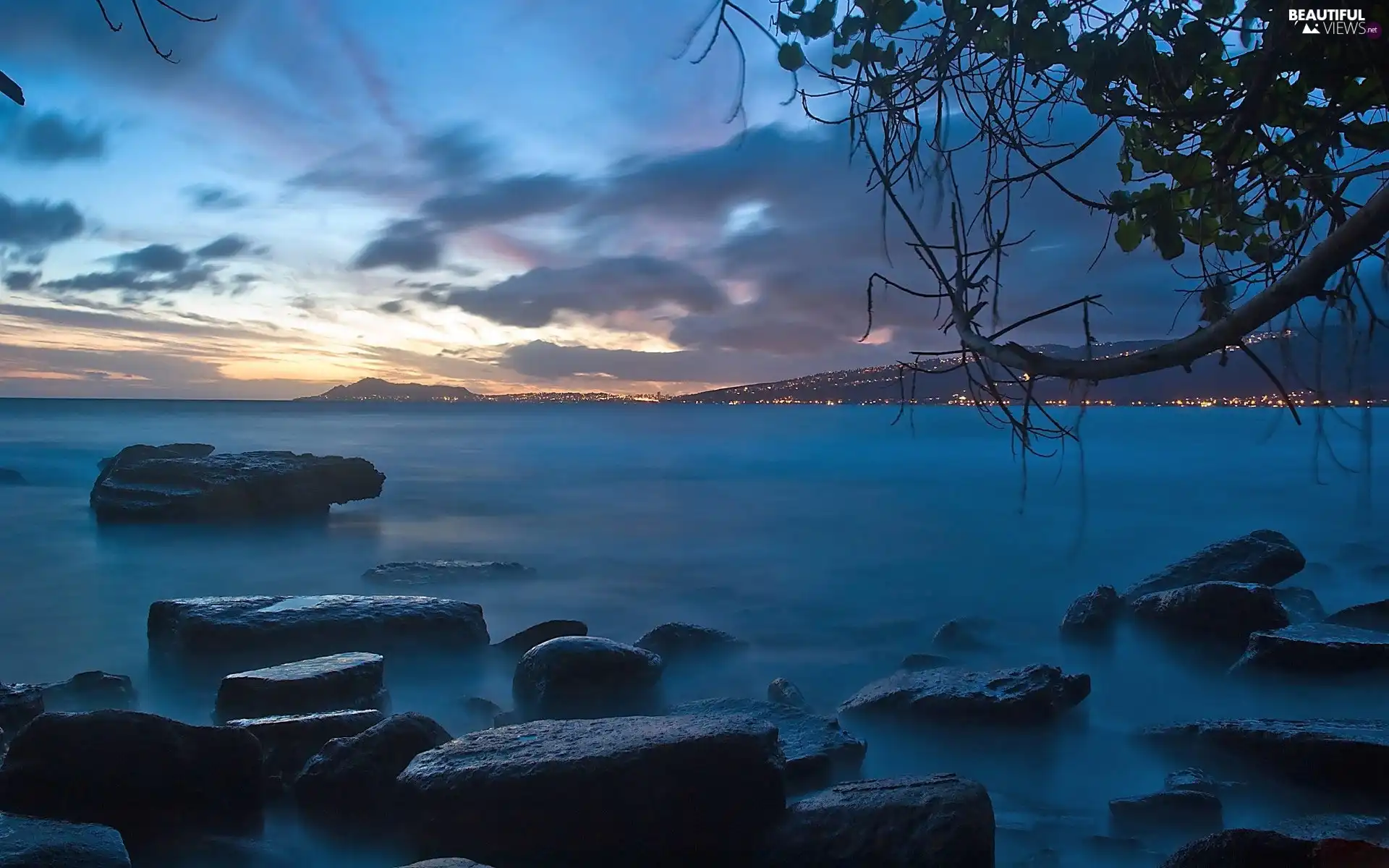 lake, light, town, Stones