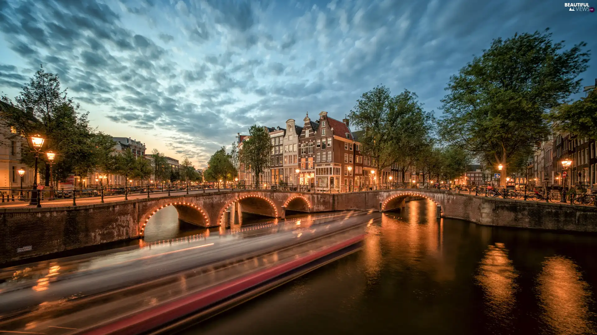 bridge, River, lanterns, Houses, morning, Amsterdam, Netherlands, Town