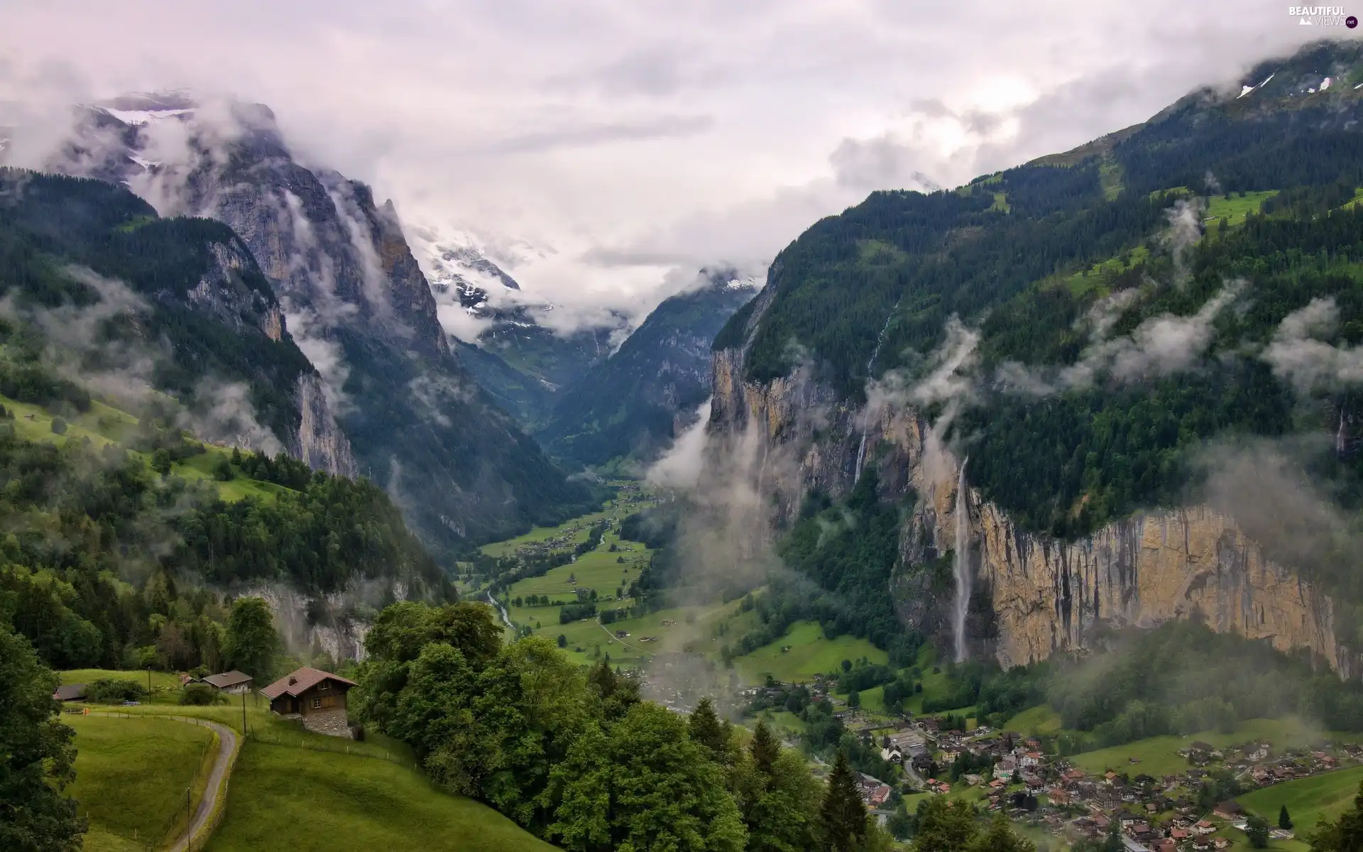 Mountains, Valley, Town, Fog