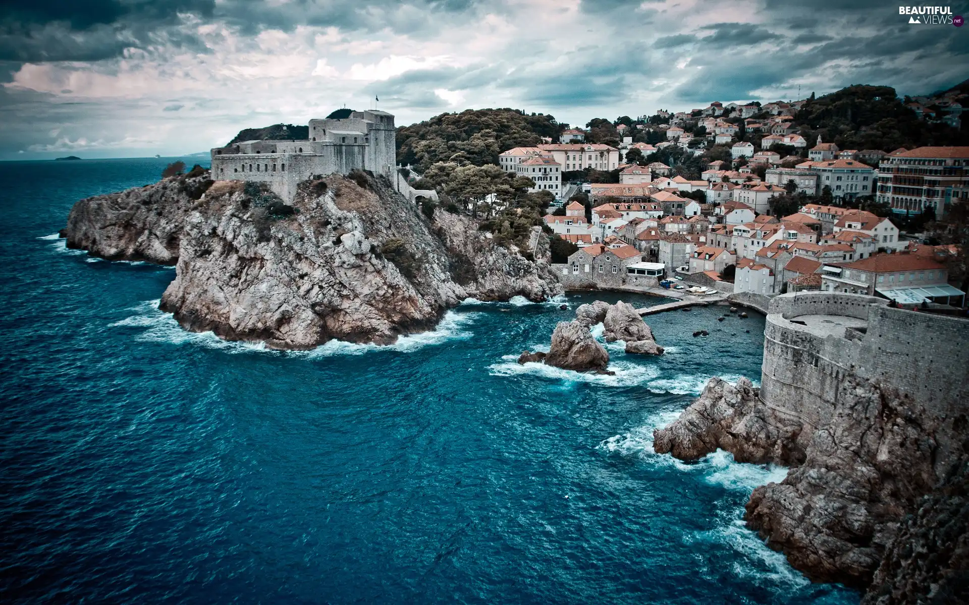 sea, Coast, Town, rocks