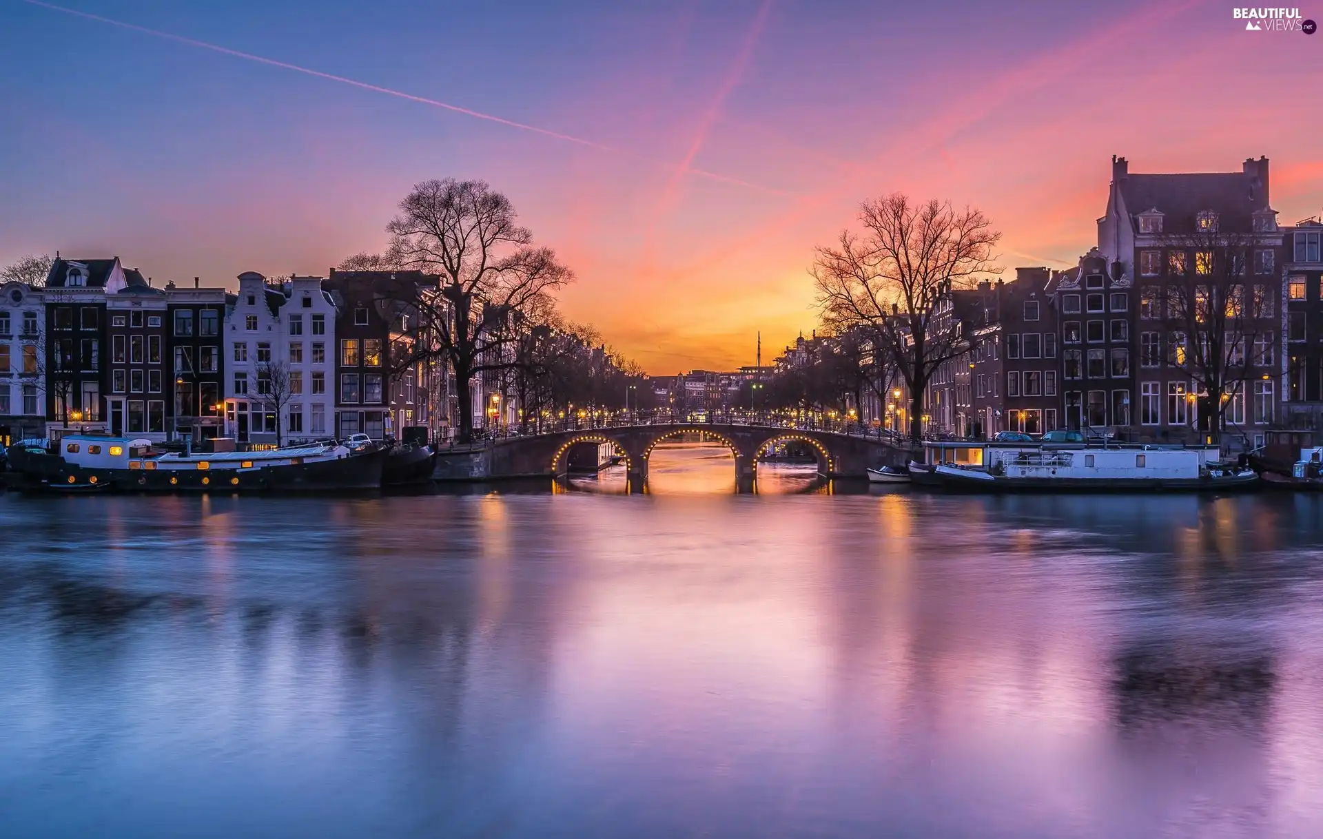 Great Sunsets, bridge, Town, River