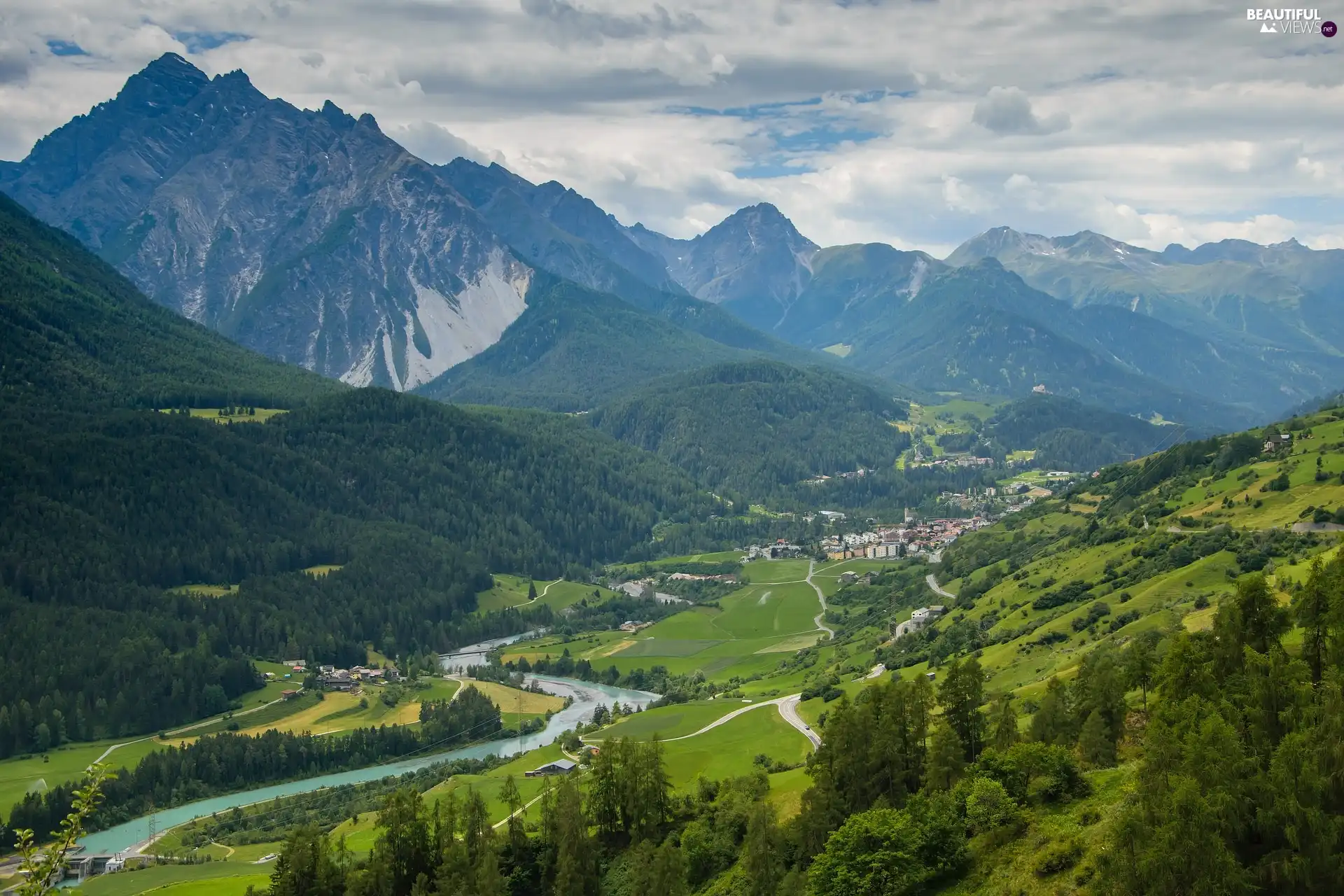 Houses, Town, Valley, River, Mountains