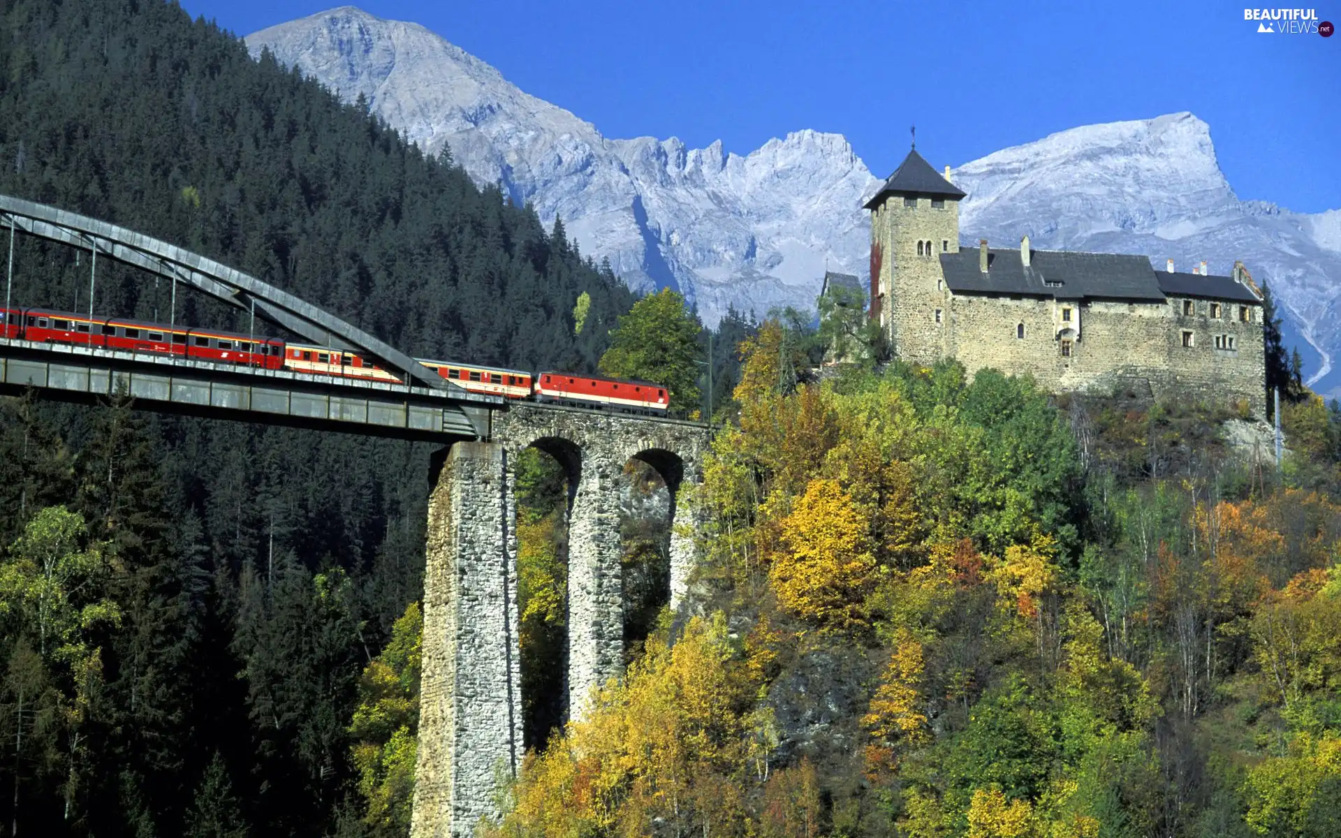 Train, woods, Mountains, bridge, Castle