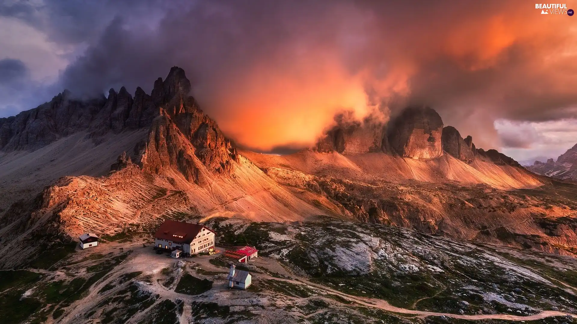 Tre Cime di Lavaredo, Italy, Houses, clouds, Dolomites, Mountains