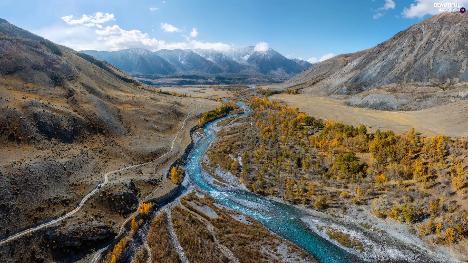 viewes, Altai, autumn, trees, Mountains, River, Russia