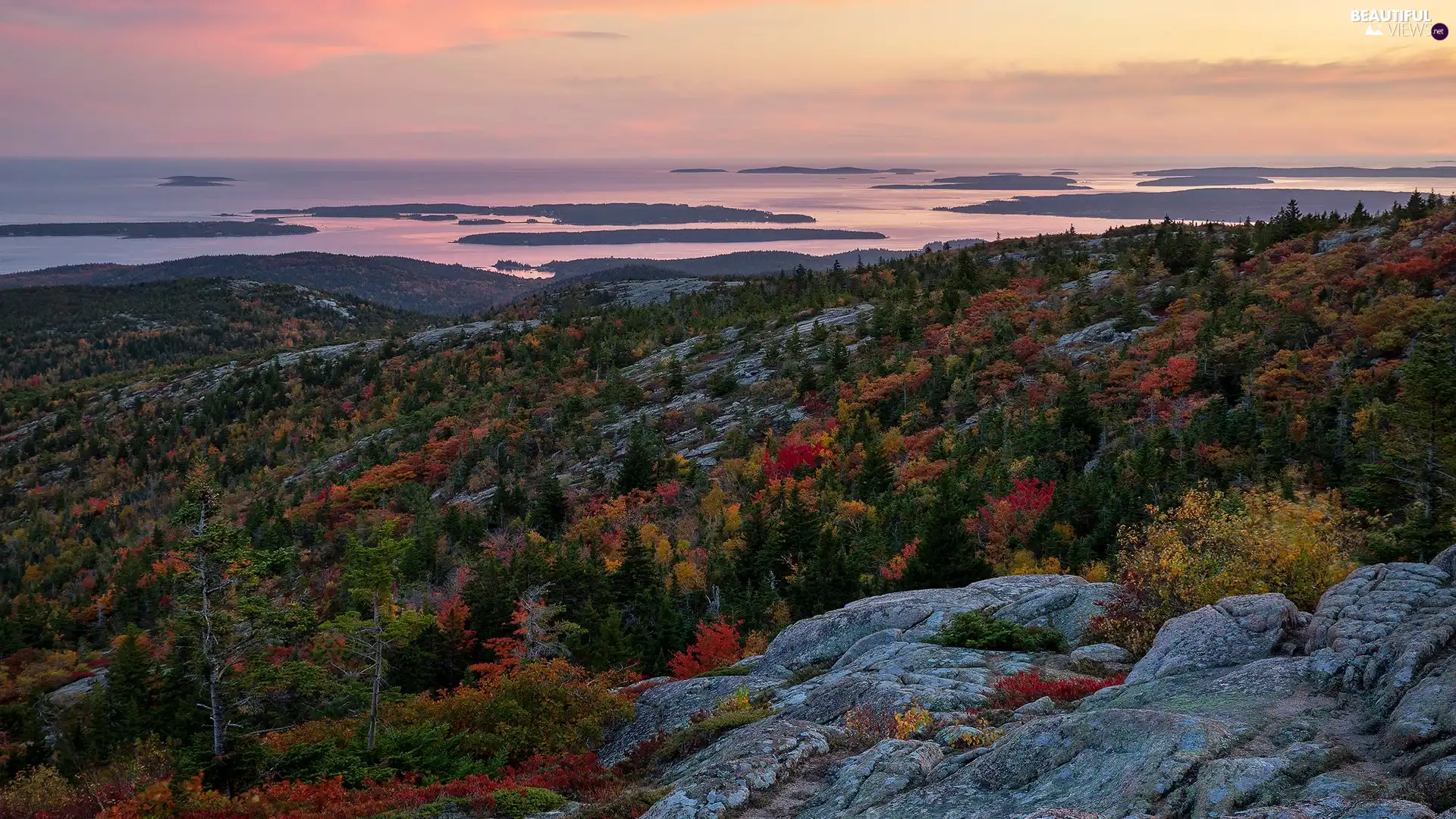 viewes, Great Sunsets, sea, State of Maine, autumn, Acadia National Park, rocks, The United States, woods, trees