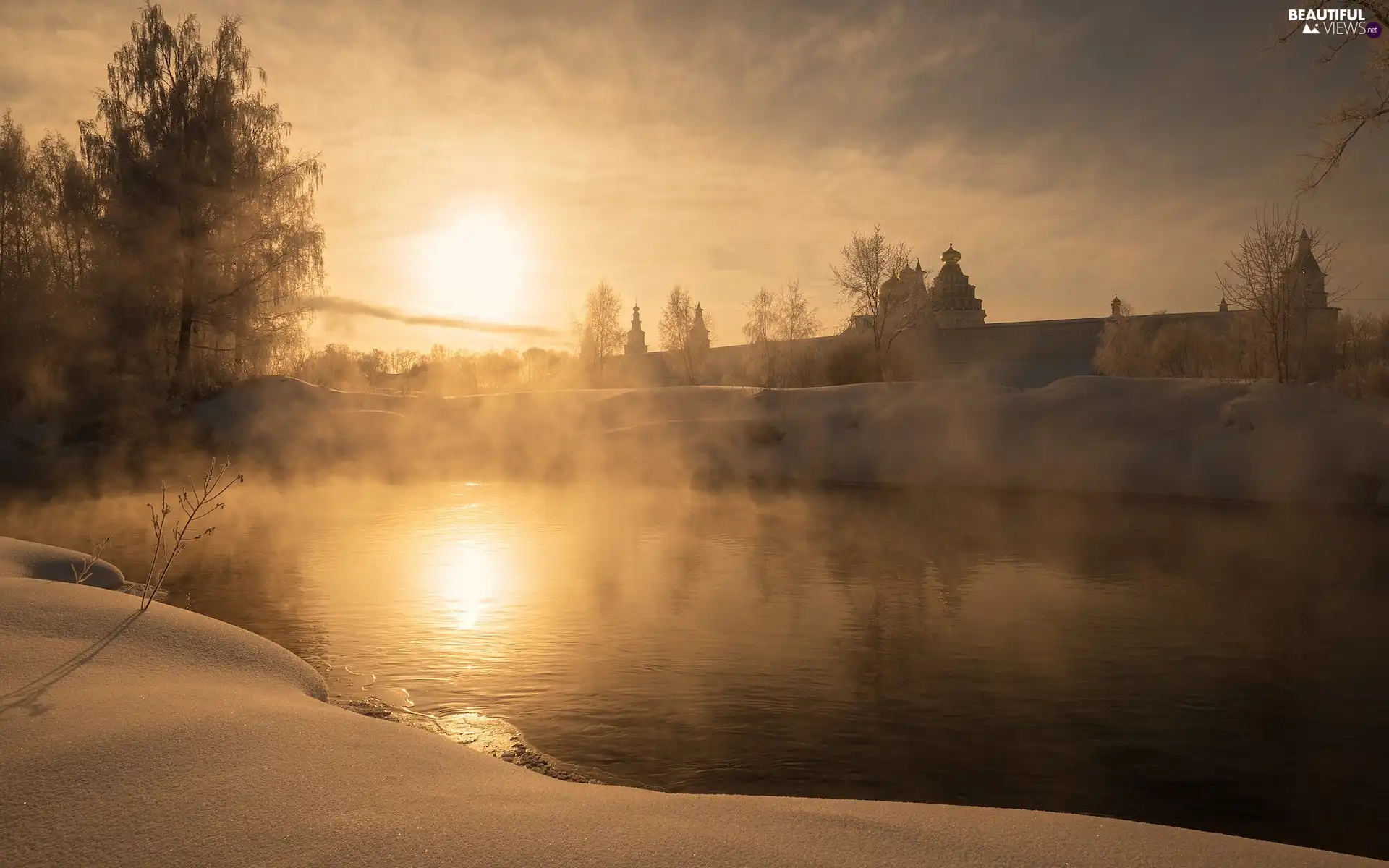 Fog, River, Cerkiew, winter, viewes, morning, Sunrise, trees