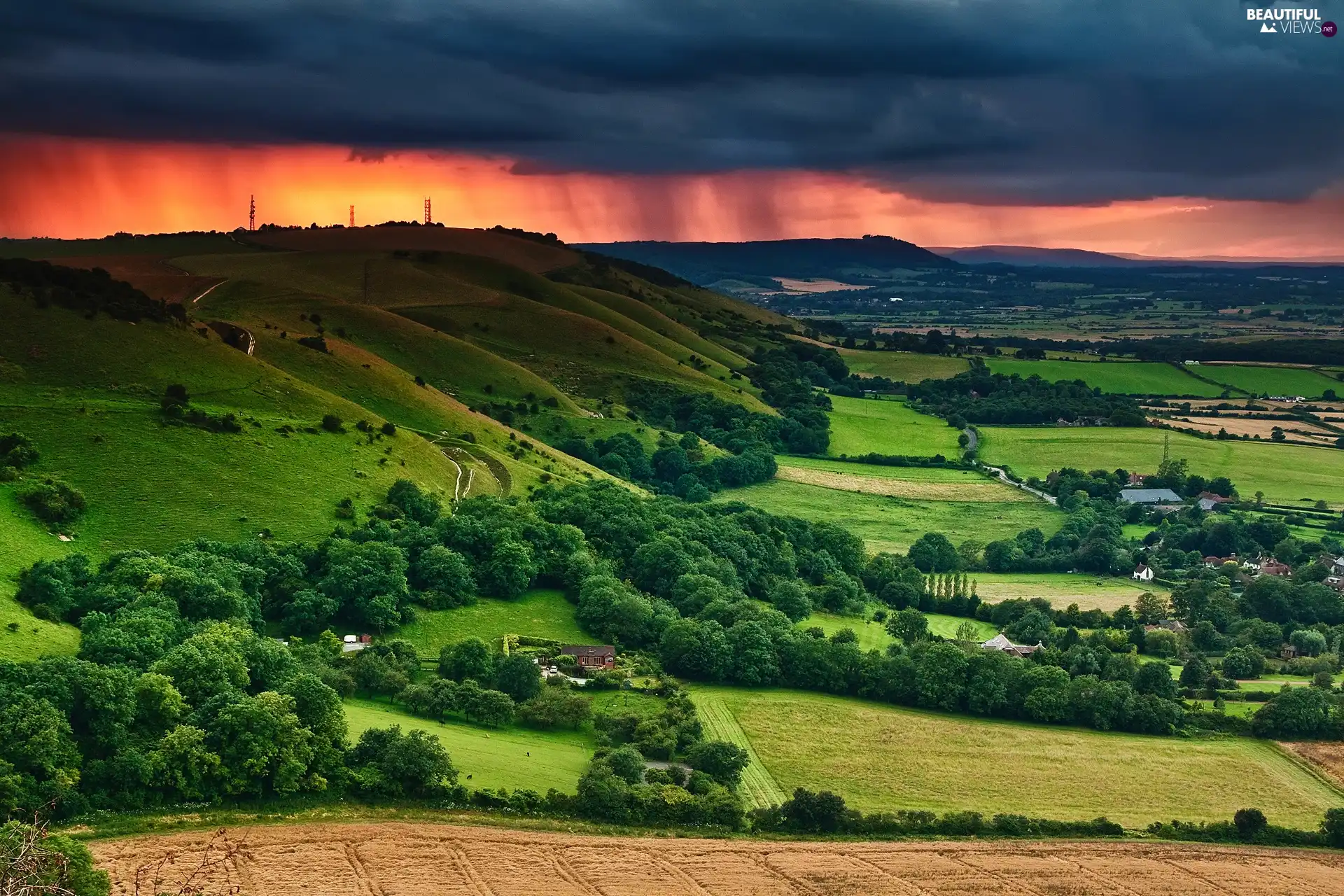 trees, Farms, clouds, Great Sunsets, viewes, field